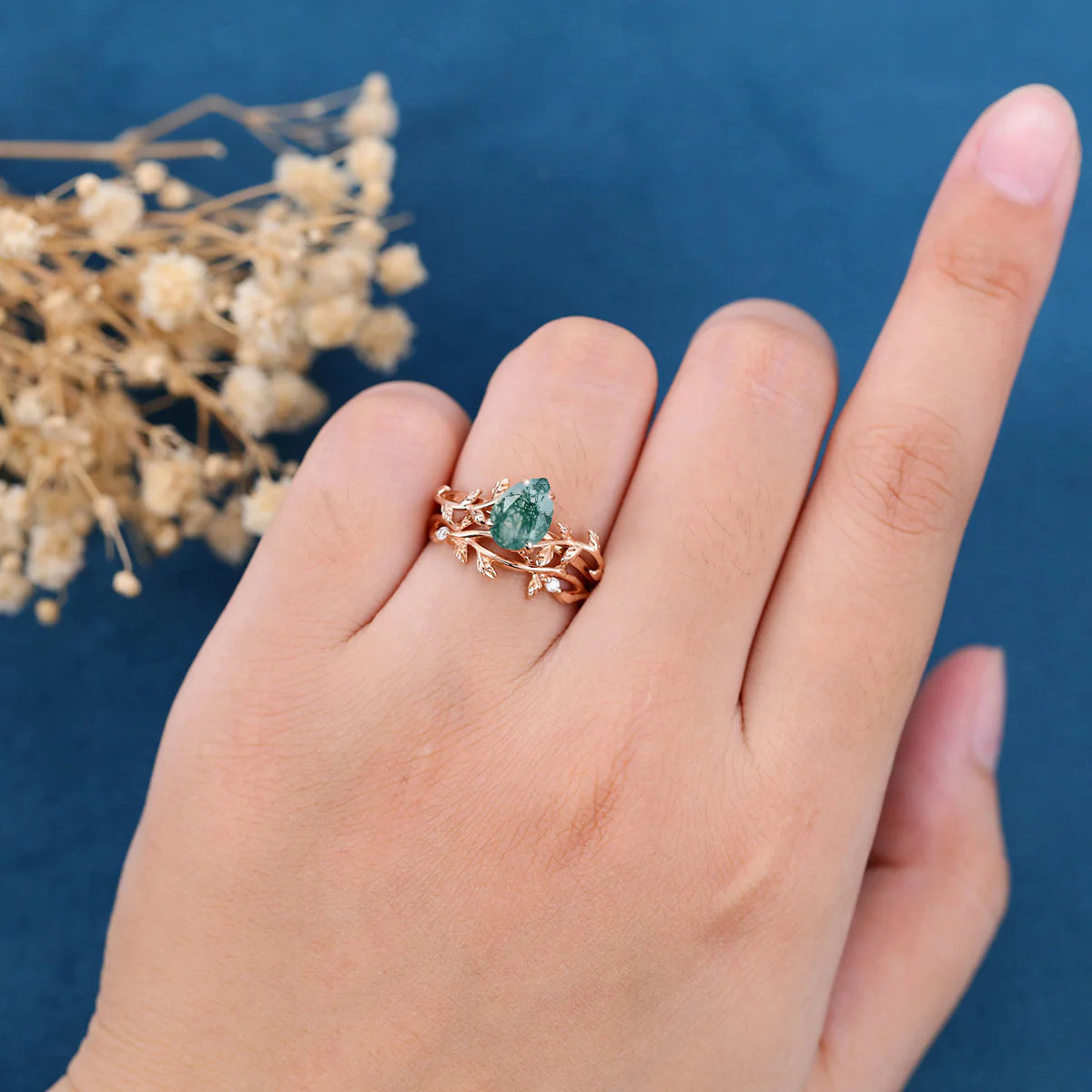 Nature Inspired Pear cut Moss Agate Leaf Gold ring set - Image 2
