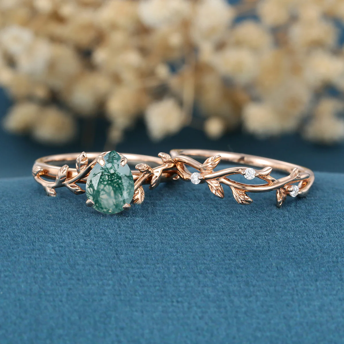 Nature Inspired Pear cut Moss Agate Leaf Gold ring set - Image 3