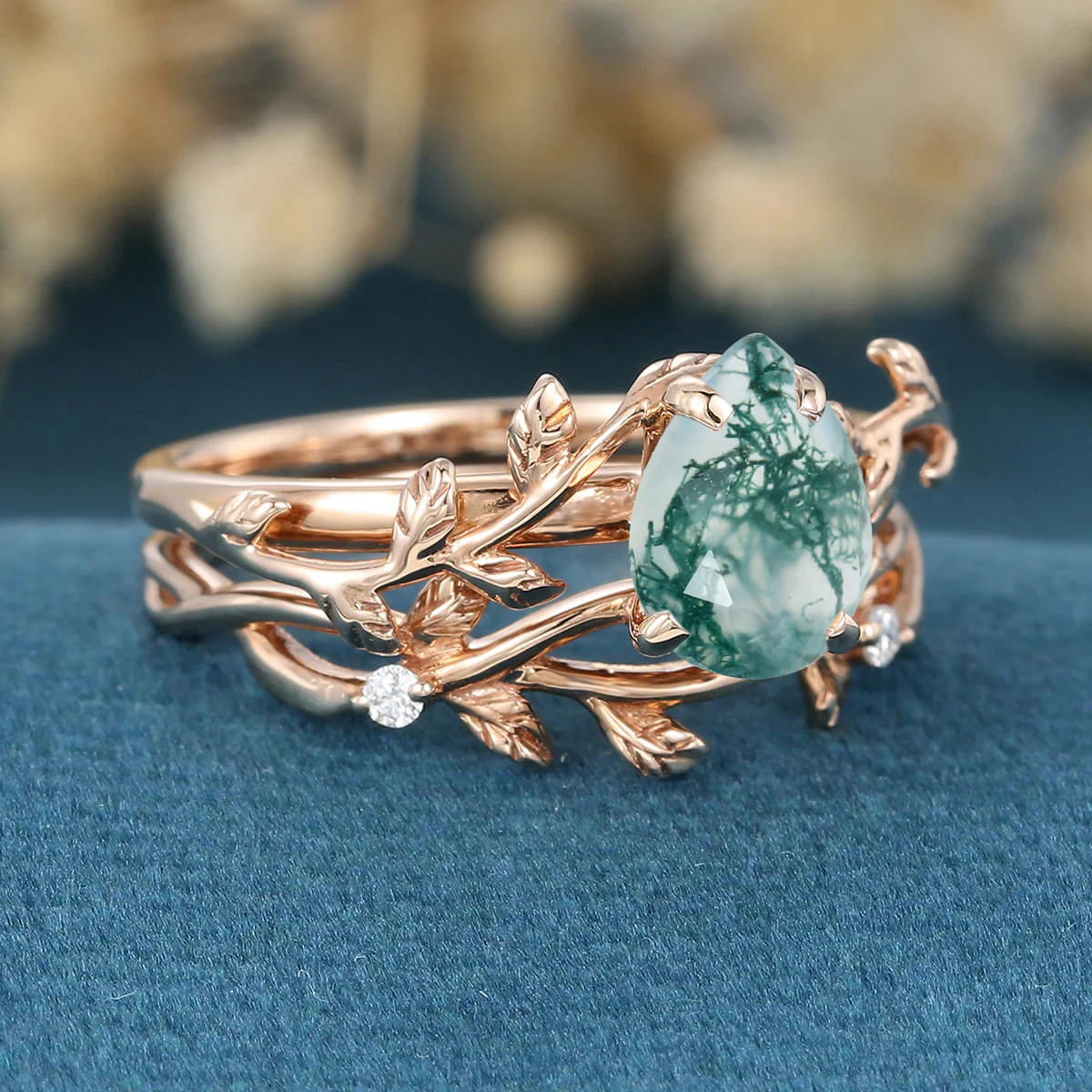 Nature Inspired Pear cut Moss Agate Leaf Gold ring set - Image 4