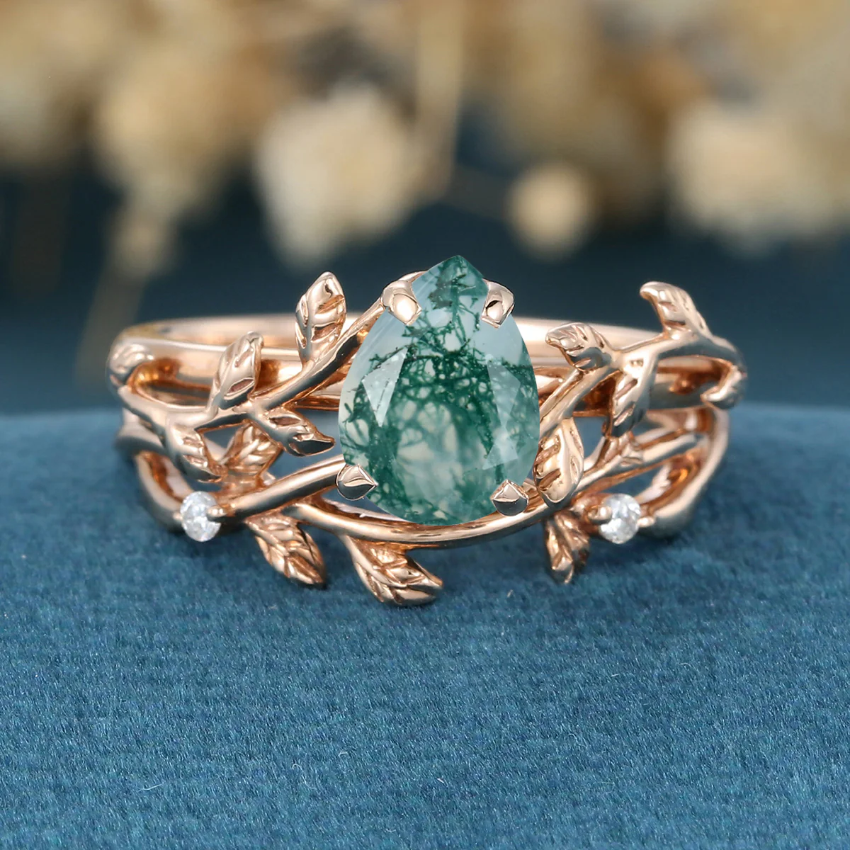 Nature Inspired Pear cut Moss Agate Leaf Gold ring set - Image 5