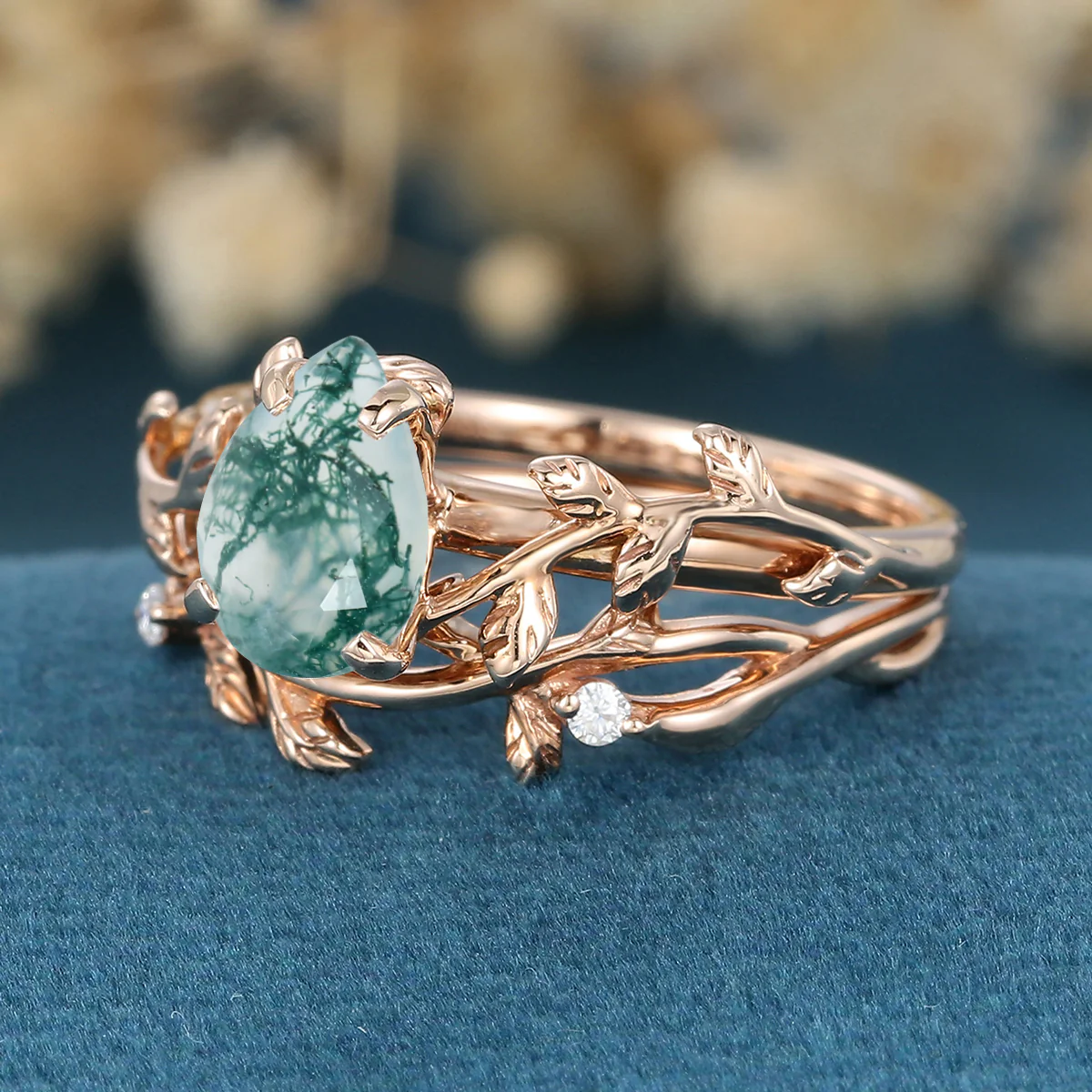 Nature Inspired Pear cut Moss Agate Leaf Gold ring set - Image 6