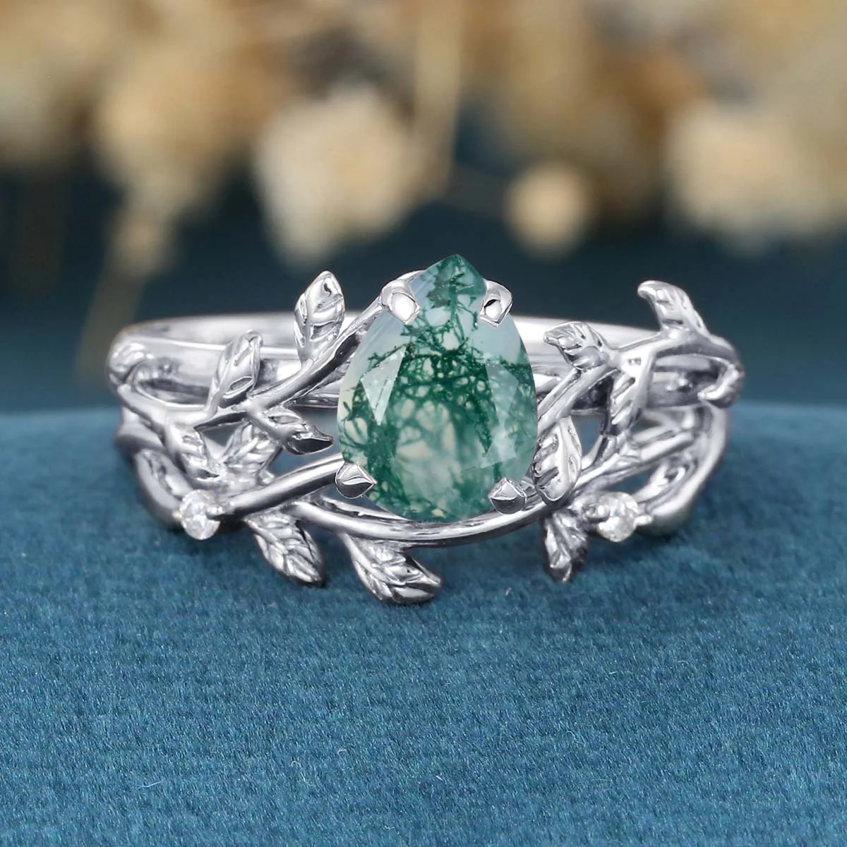 Nature Inspired Pear cut Moss Agate Leaf Gold ring set - Image 7