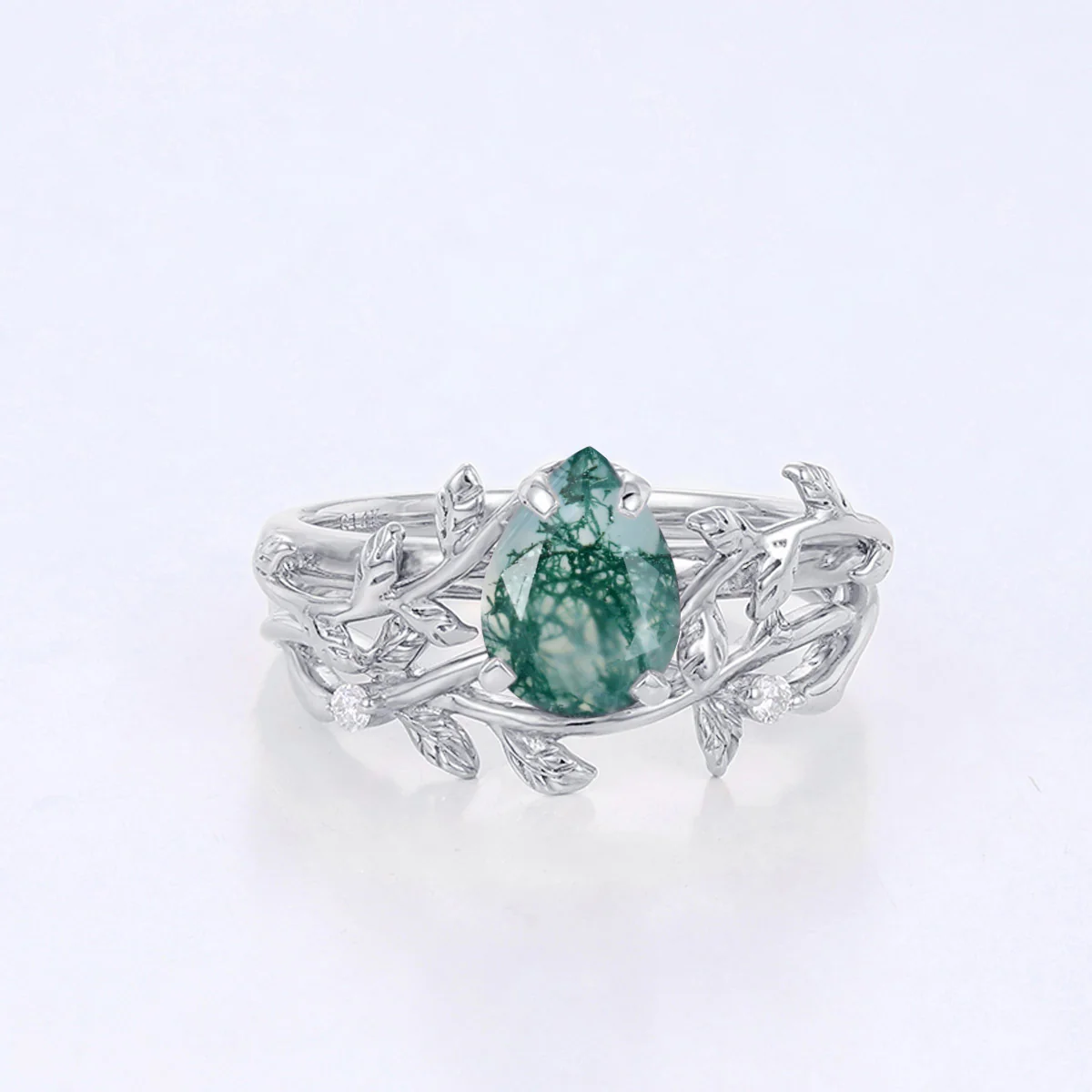Nature Inspired Pear cut Moss Agate Leaf Gold ring set - Image 8
