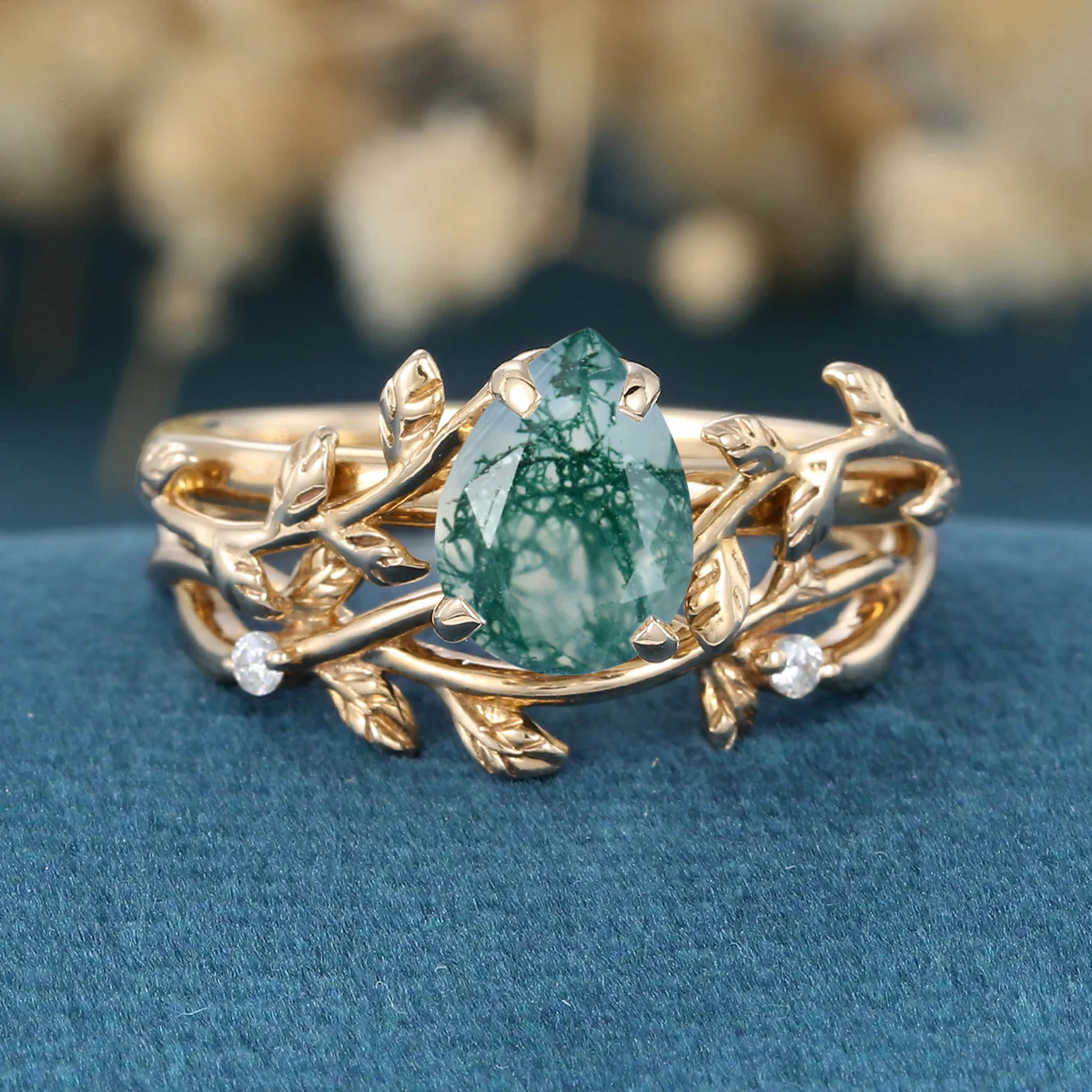 Nature Inspired Pear cut Moss Agate Leaf Gold ring set - Image 9
