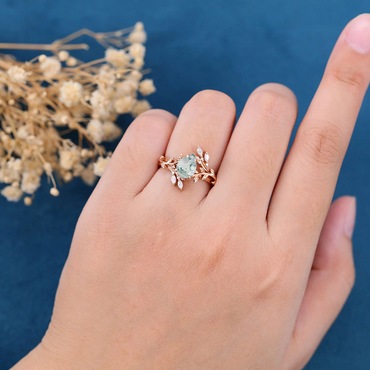 Nature Inspired Pear cut Moss Agate Leaf Gold ring set - Image 2