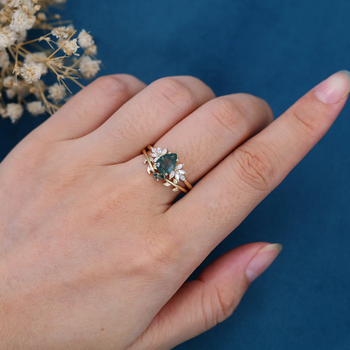 Nature Inspired Pear cut Moss Agate Leaf Gold Wedding bridal set - Image 2