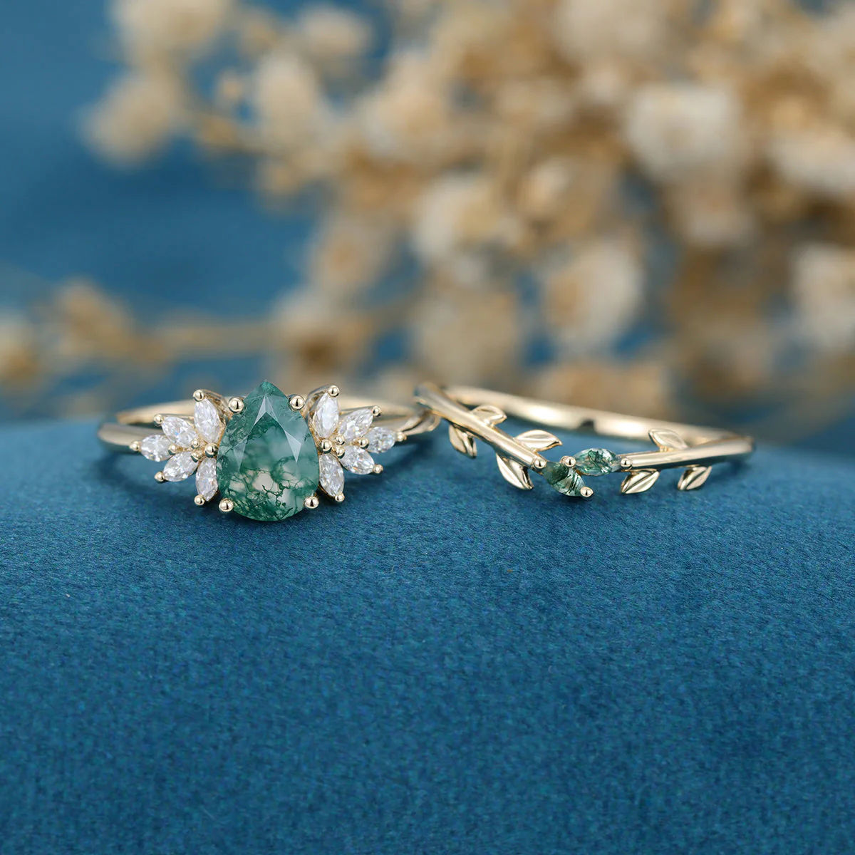 Nature Inspired Pear cut Moss Agate Leaf Gold Wedding bridal set - Image 3