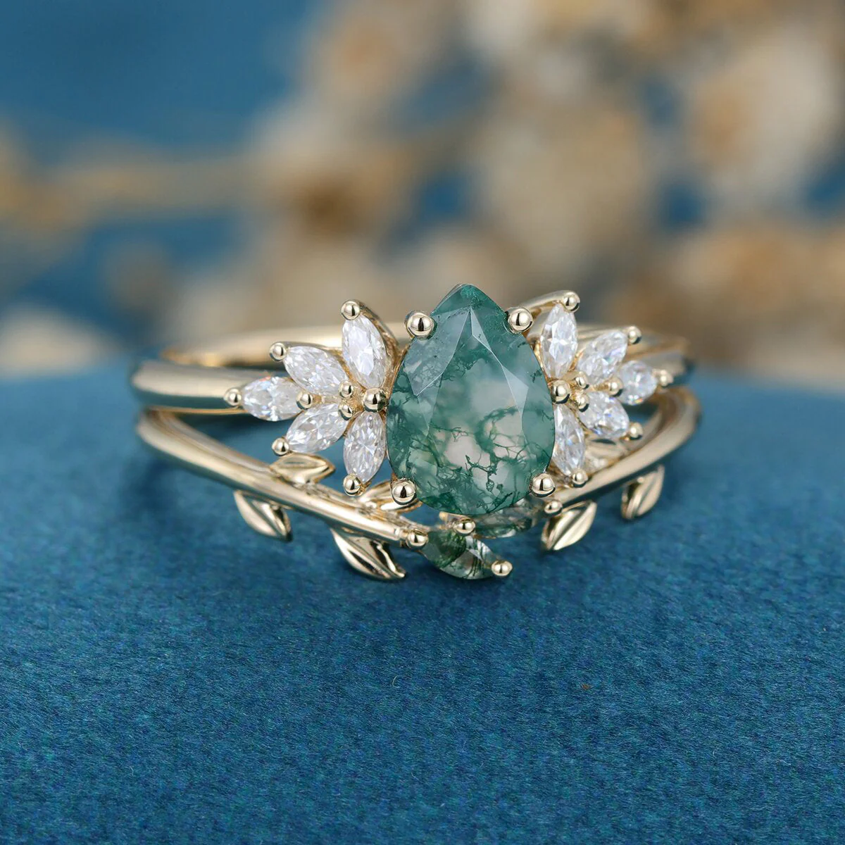 Nature Inspired Pear cut Moss Agate Leaf Gold Wedding bridal set - Image 4