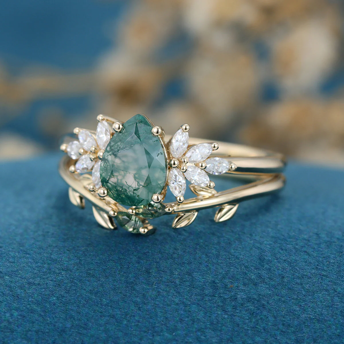 Nature Inspired Pear cut Moss Agate Leaf Gold Wedding bridal set - Image 5