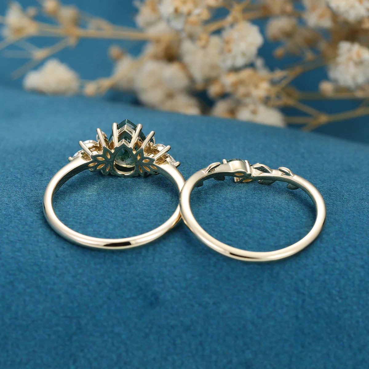 Nature Inspired Pear cut Moss Agate Leaf Gold Wedding bridal set - Image 6