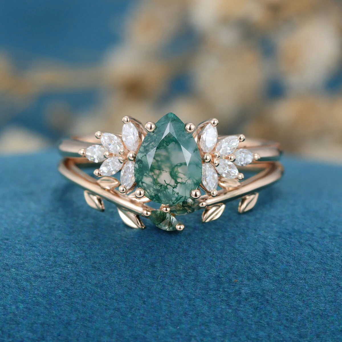 Nature Inspired Pear cut Moss Agate Leaf Gold Wedding bridal set - Image 7