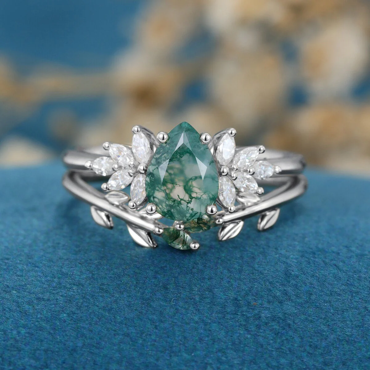 Nature Inspired Pear cut Moss Agate Leaf Gold Wedding bridal set - Image 8