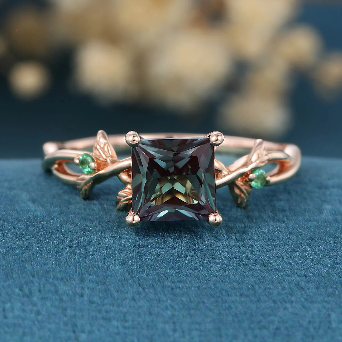 Nature Inspired Princess cut Lab Alexandrite Leaf Gold Engagement Ring - Image 10