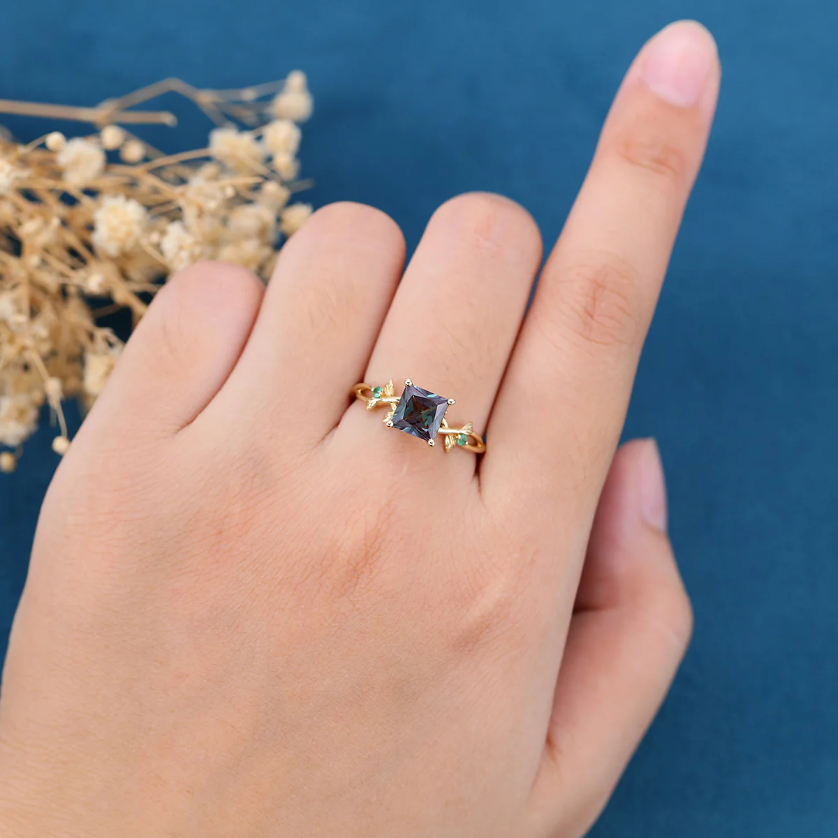 Nature Inspired Princess cut Lab Alexandrite Leaf Gold Engagement Ring - Image 2