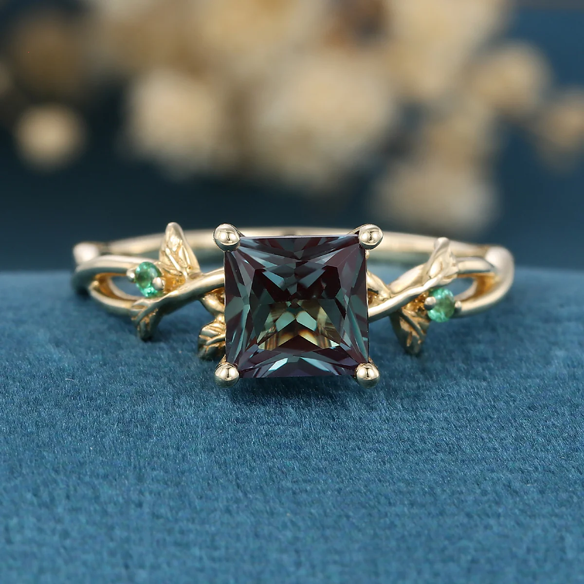 Nature Inspired Princess cut Lab Alexandrite Leaf Gold Engagement Ring - Image 3
