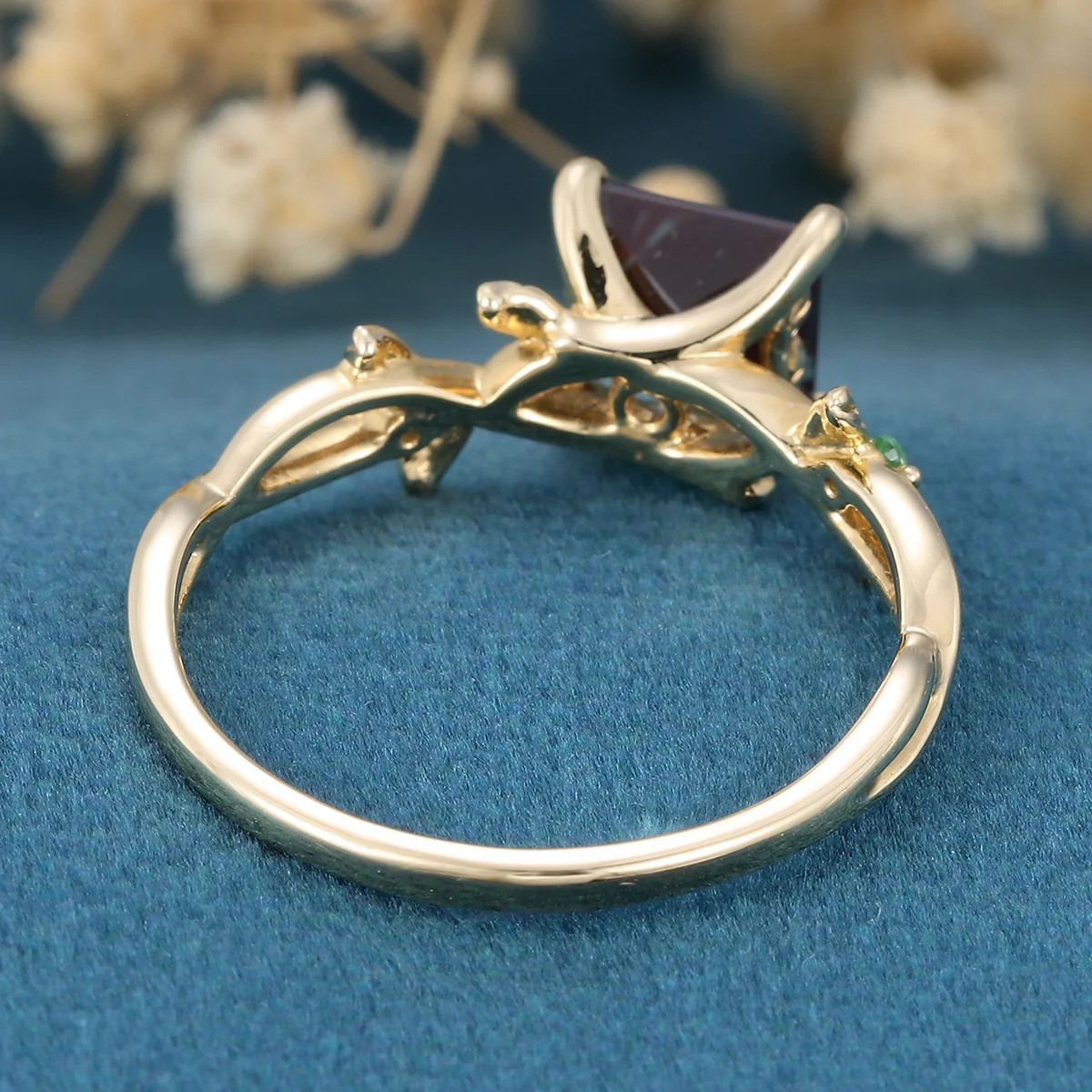 Nature Inspired Princess cut Lab Alexandrite Leaf Gold Engagement Ring - Image 4