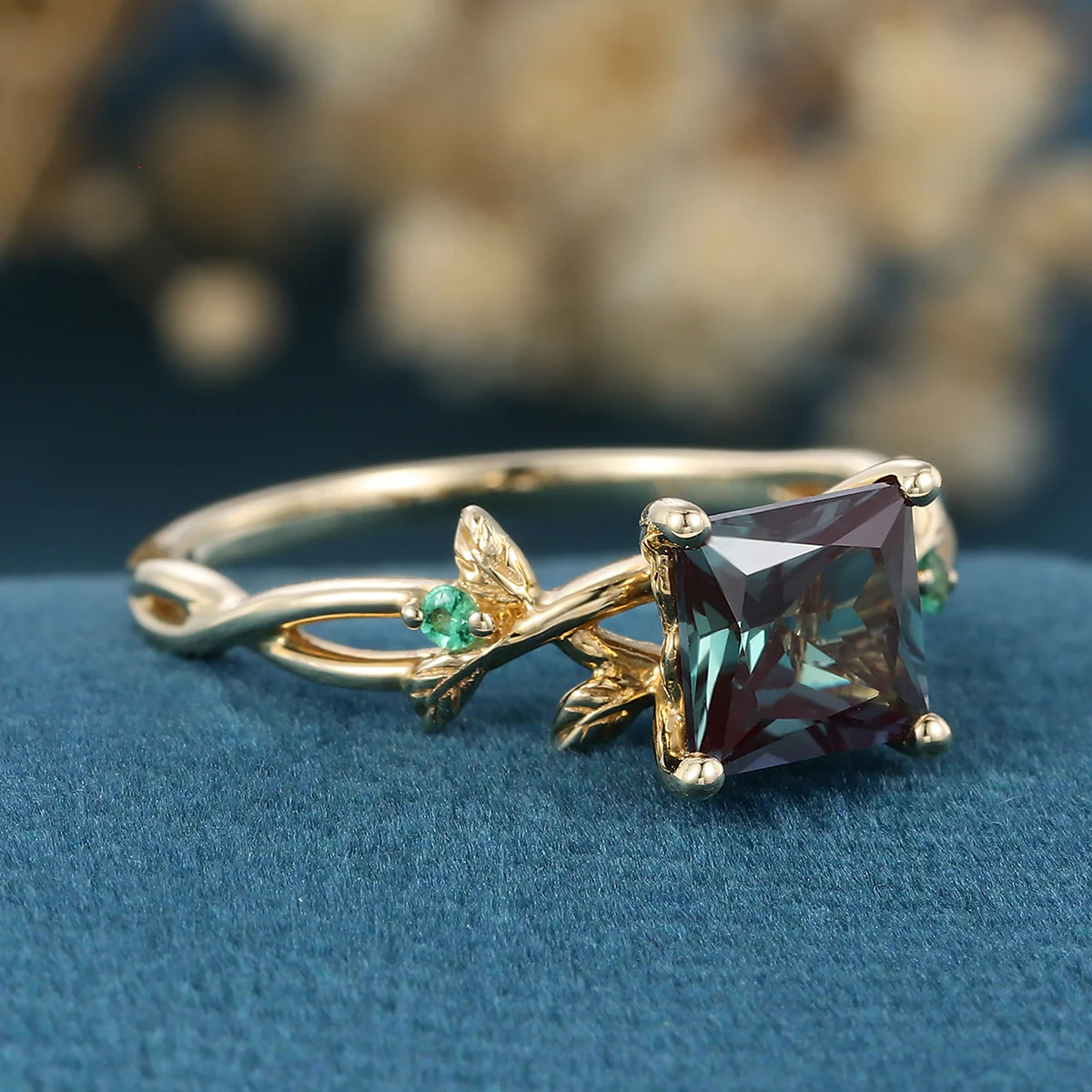 Nature Inspired Princess cut Lab Alexandrite Leaf Gold Engagement Ring - Image 5