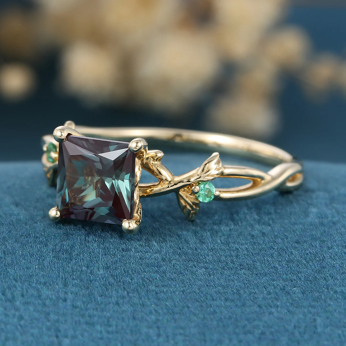 Nature Inspired Princess cut Lab Alexandrite Leaf Gold Engagement Ring - Image 6
