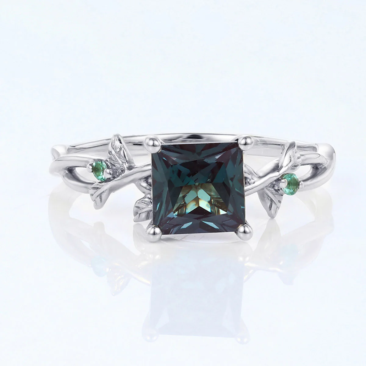 Nature Inspired Princess cut Lab Alexandrite Leaf Gold Engagement Ring - Image 7