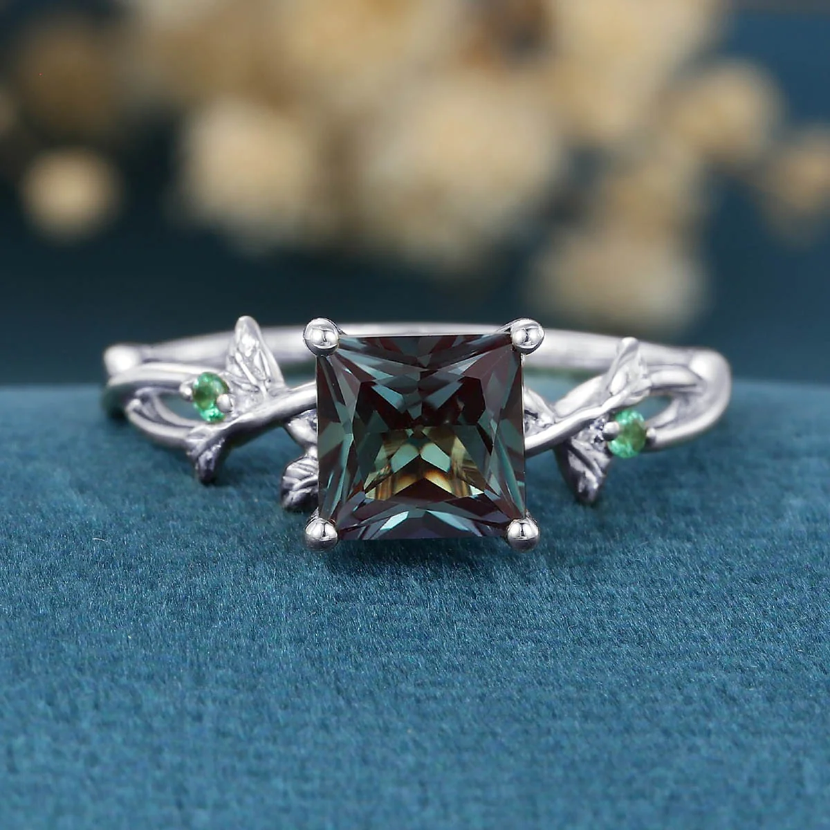 Nature Inspired Princess cut Lab Alexandrite Leaf Gold Engagement Ring - Image 8