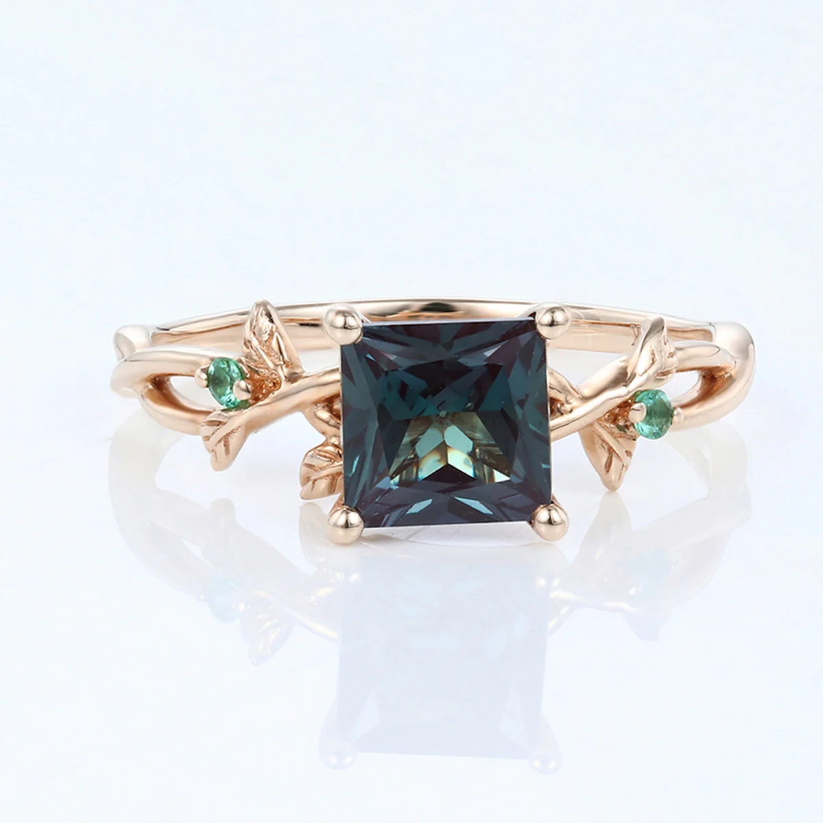 Nature Inspired Princess cut Lab Alexandrite Leaf Gold Engagement Ring - Image 9