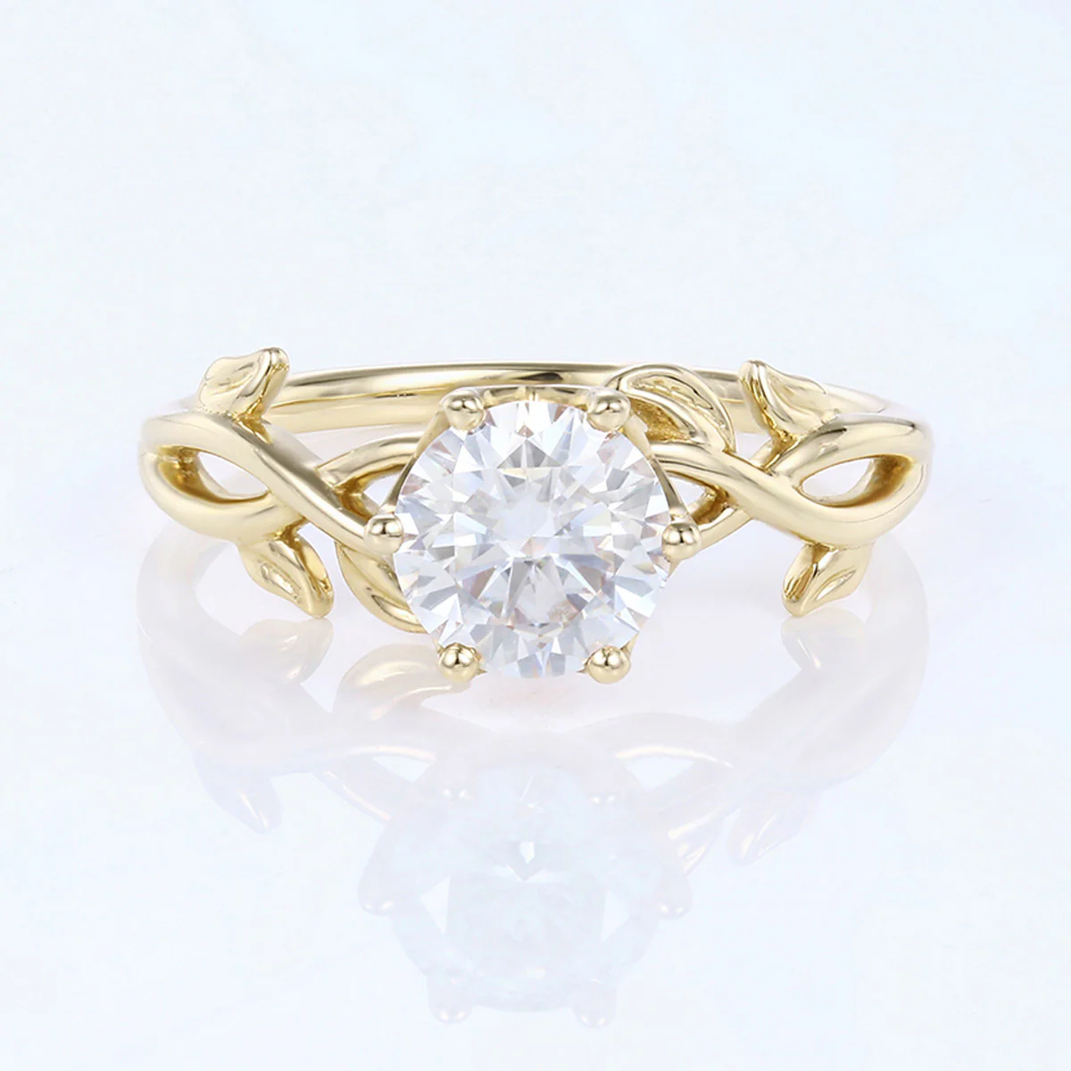 Nature Inspired Roud cut Moissanite Leaf Gold ring set - Image 10