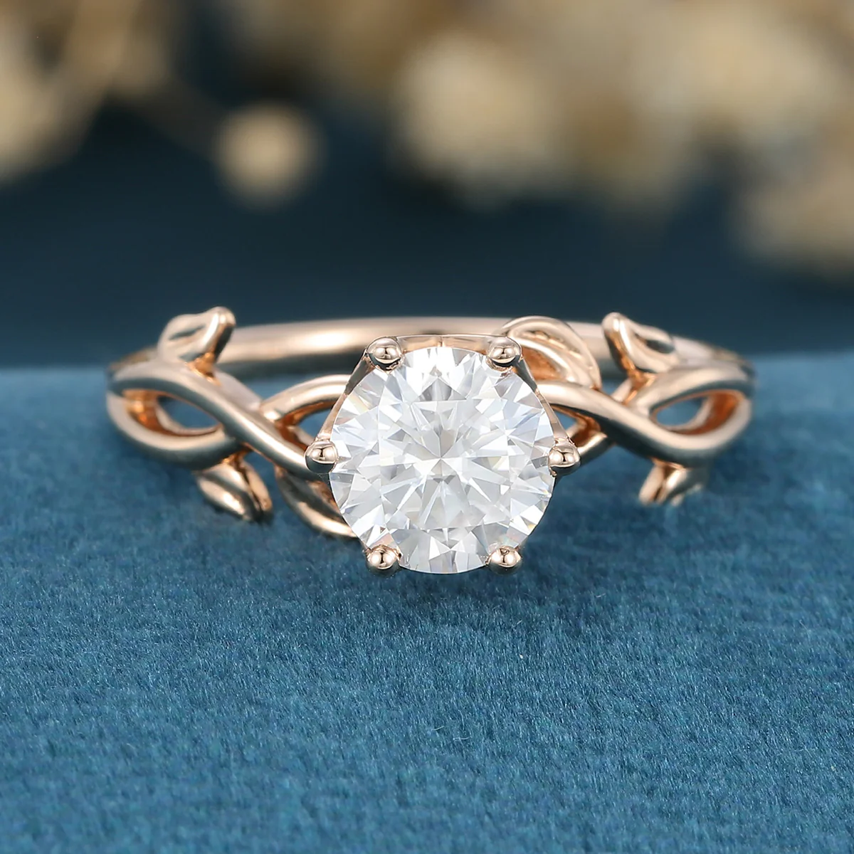 Nature Inspired Roud cut Moissanite Leaf Gold ring set - Image 3