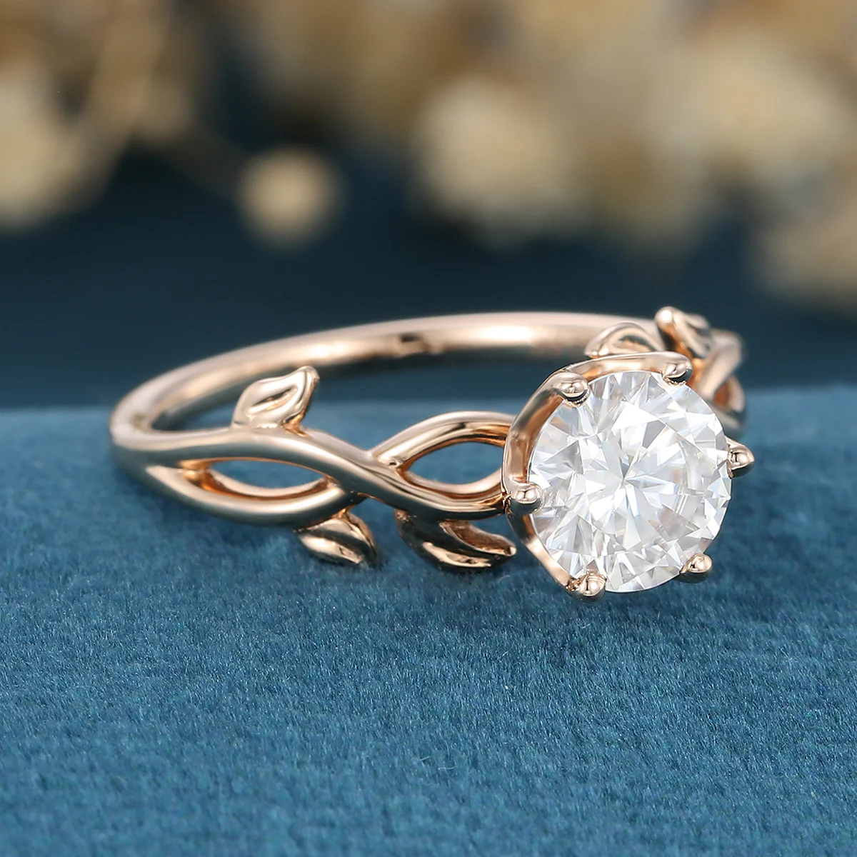 Nature Inspired Roud cut Moissanite Leaf Gold ring set - Image 4