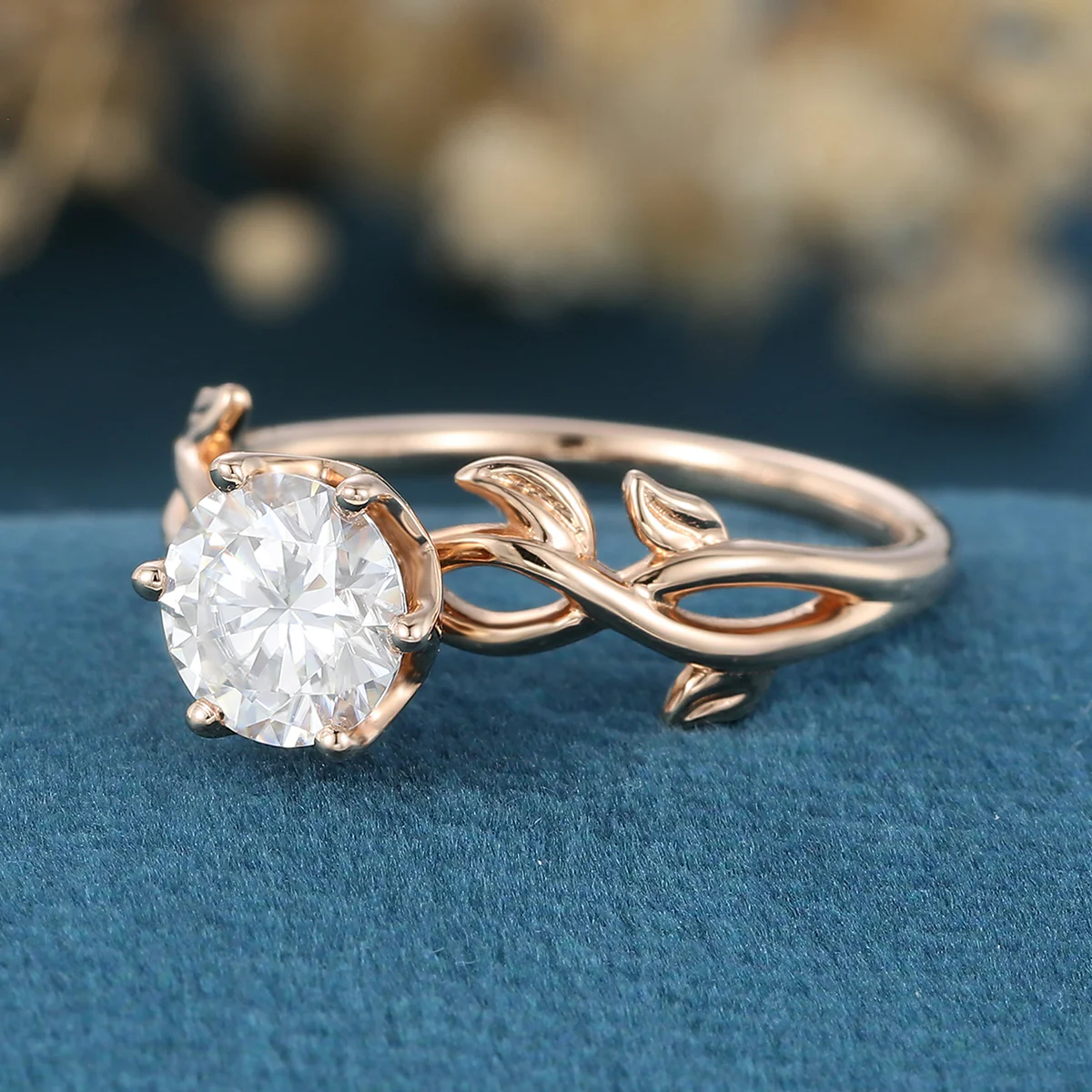Nature Inspired Roud cut Moissanite Leaf Gold ring set - Image 5