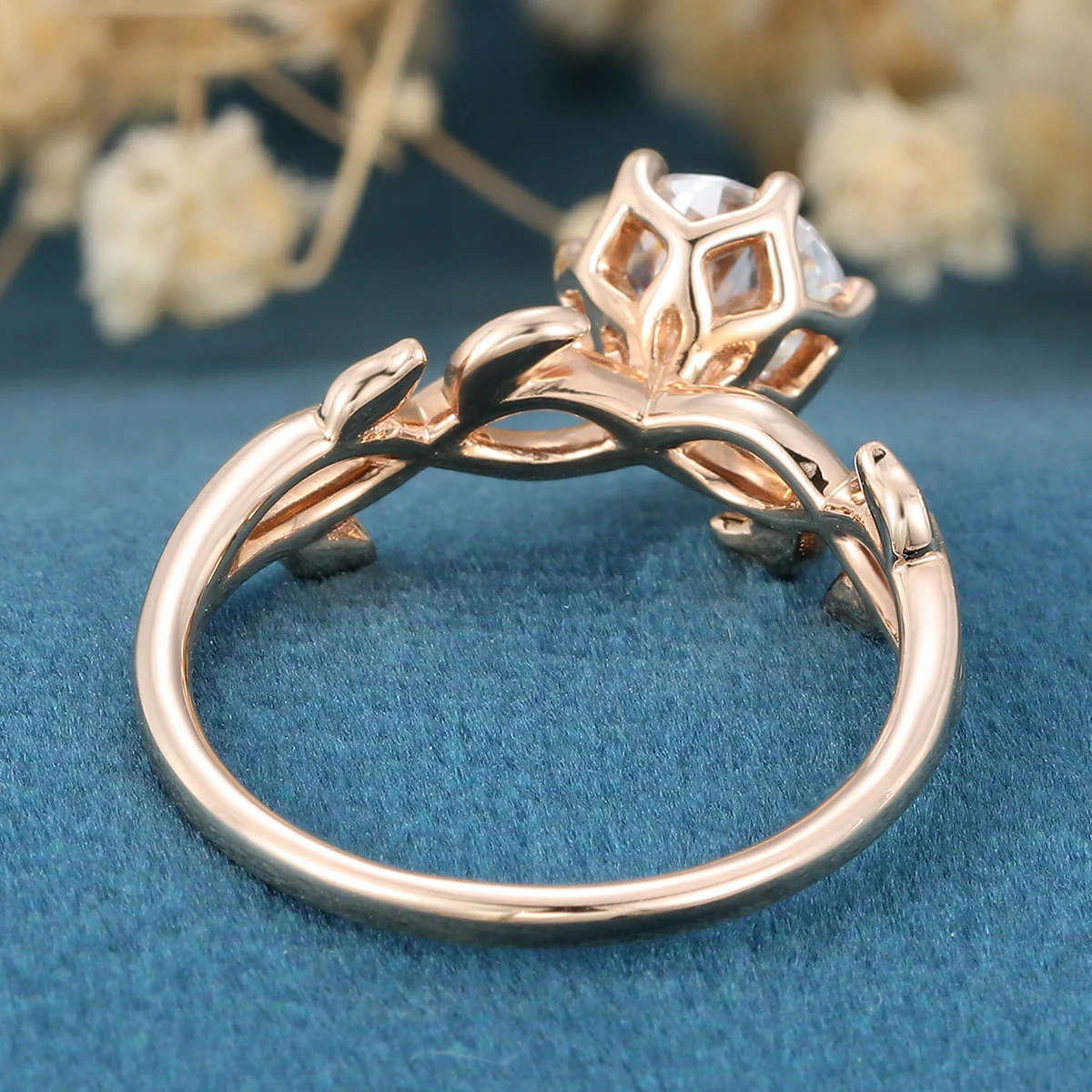 Nature Inspired Roud cut Moissanite Leaf Gold ring set - Image 6