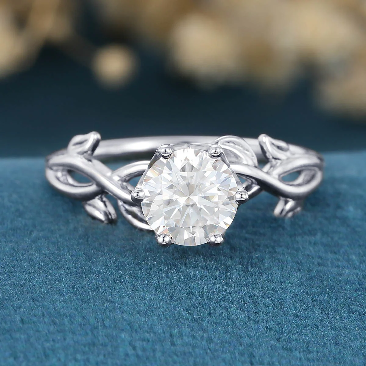 Nature Inspired Roud cut Moissanite Leaf Gold ring set - Image 7
