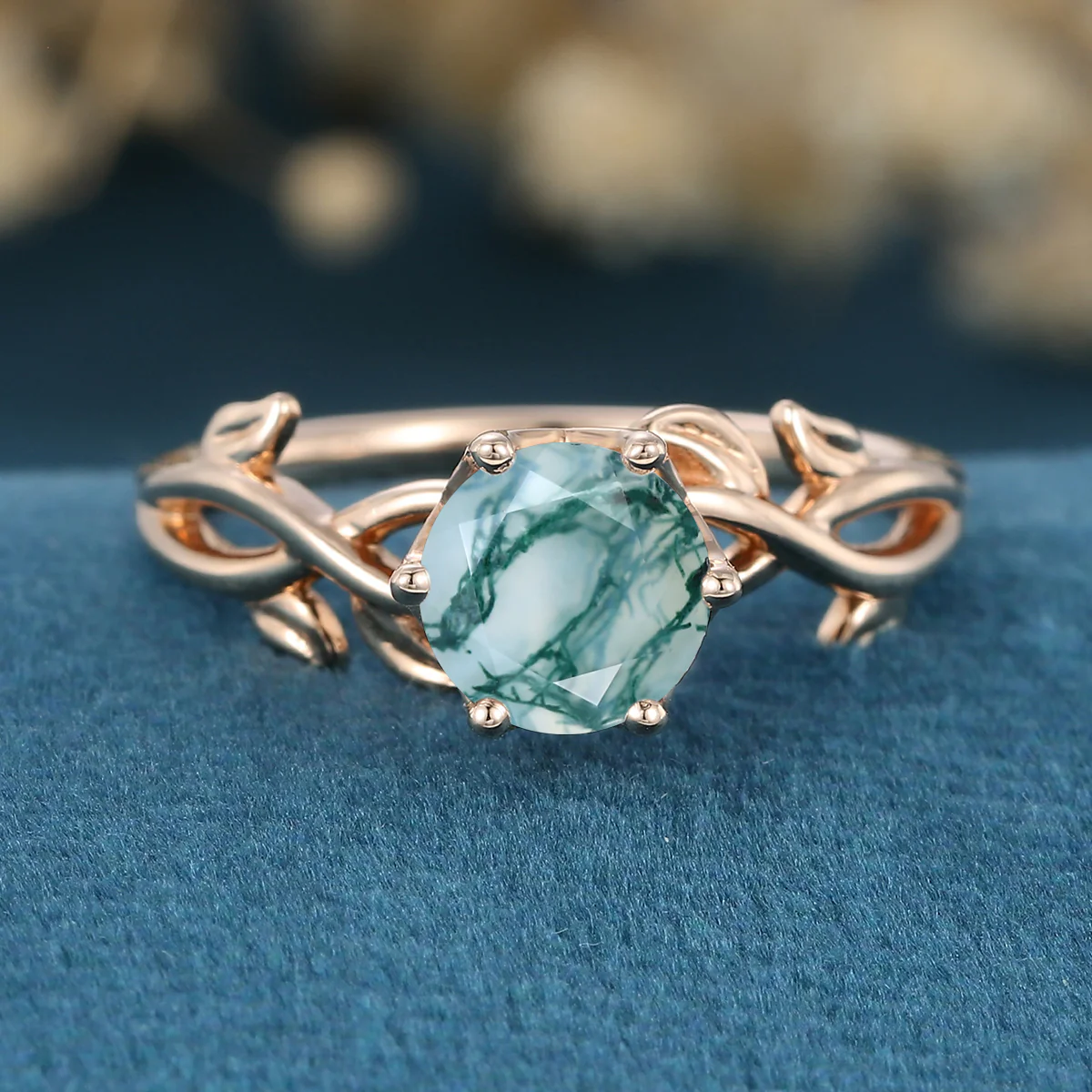 Nature Inspired Roud cut Moss Agate Leaf Gold ring set - Image 3
