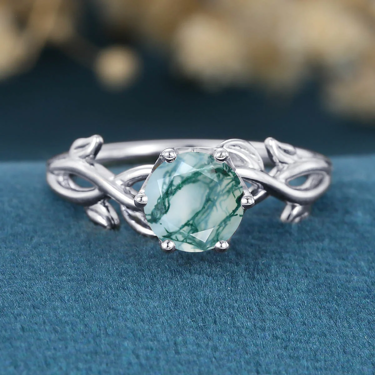 Nature Inspired Roud cut Moss Agate Leaf Gold ring set - Image 7