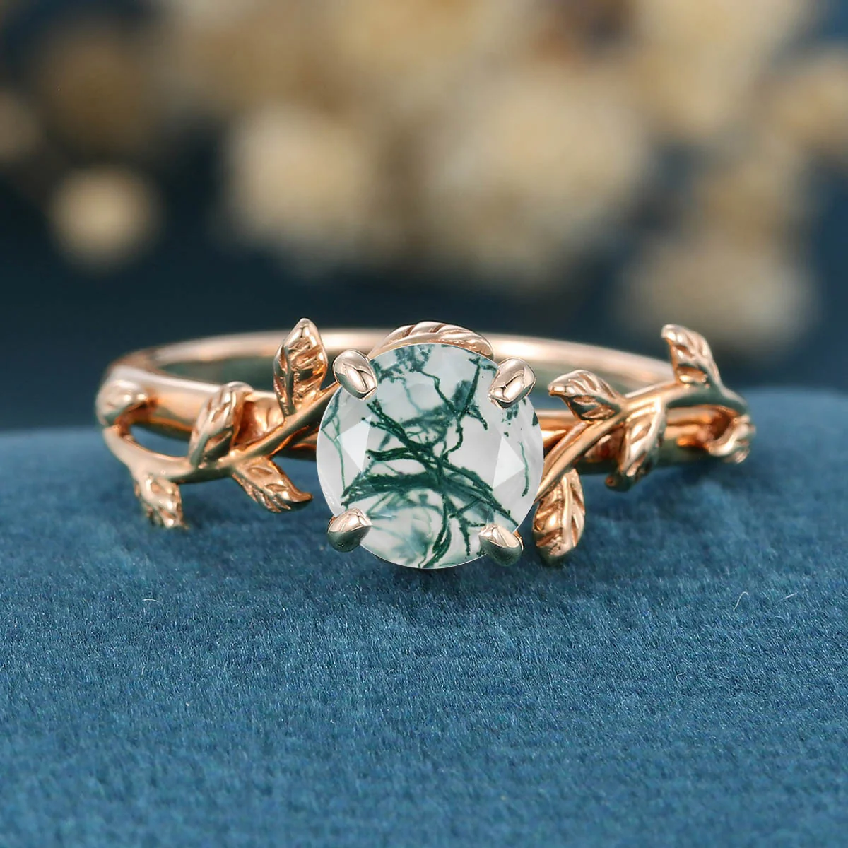 Nature Inspired Round cut Moss Agate Leaf Gold Engagement Ring - Image 2