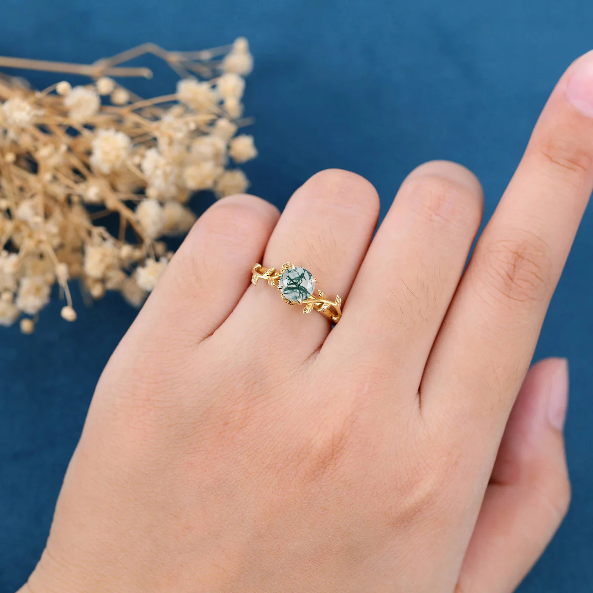 Nature Inspired Round cut Moss Agate Leaf Gold Engagement Ring - Image 3