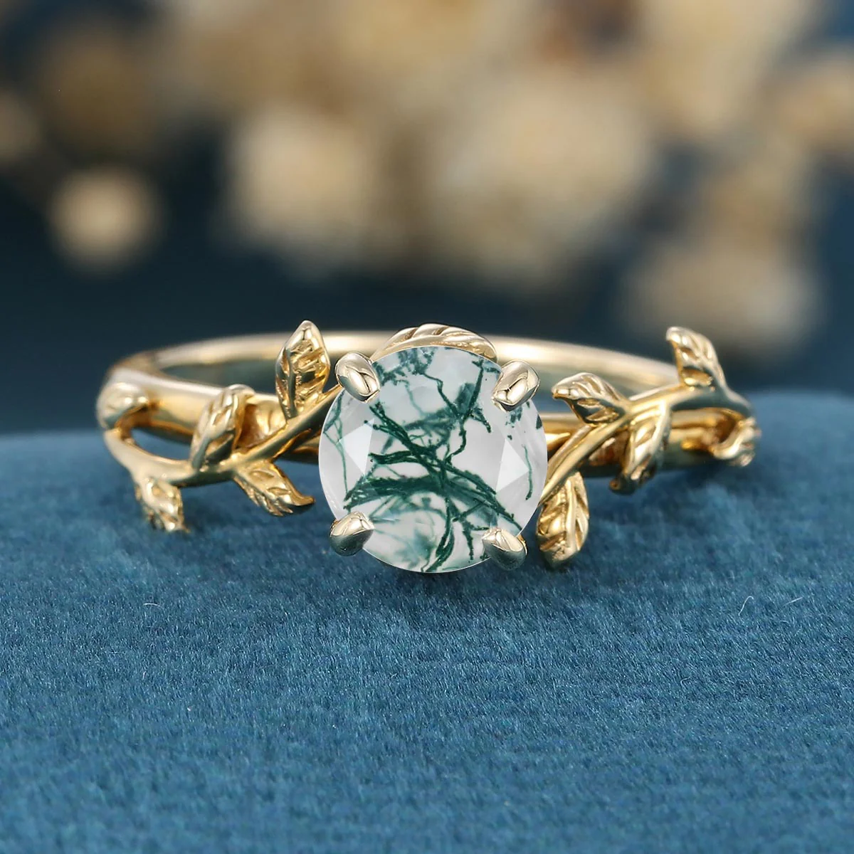 Nature Inspired Round cut Moss Agate Leaf Gold Engagement Ring - Image 4