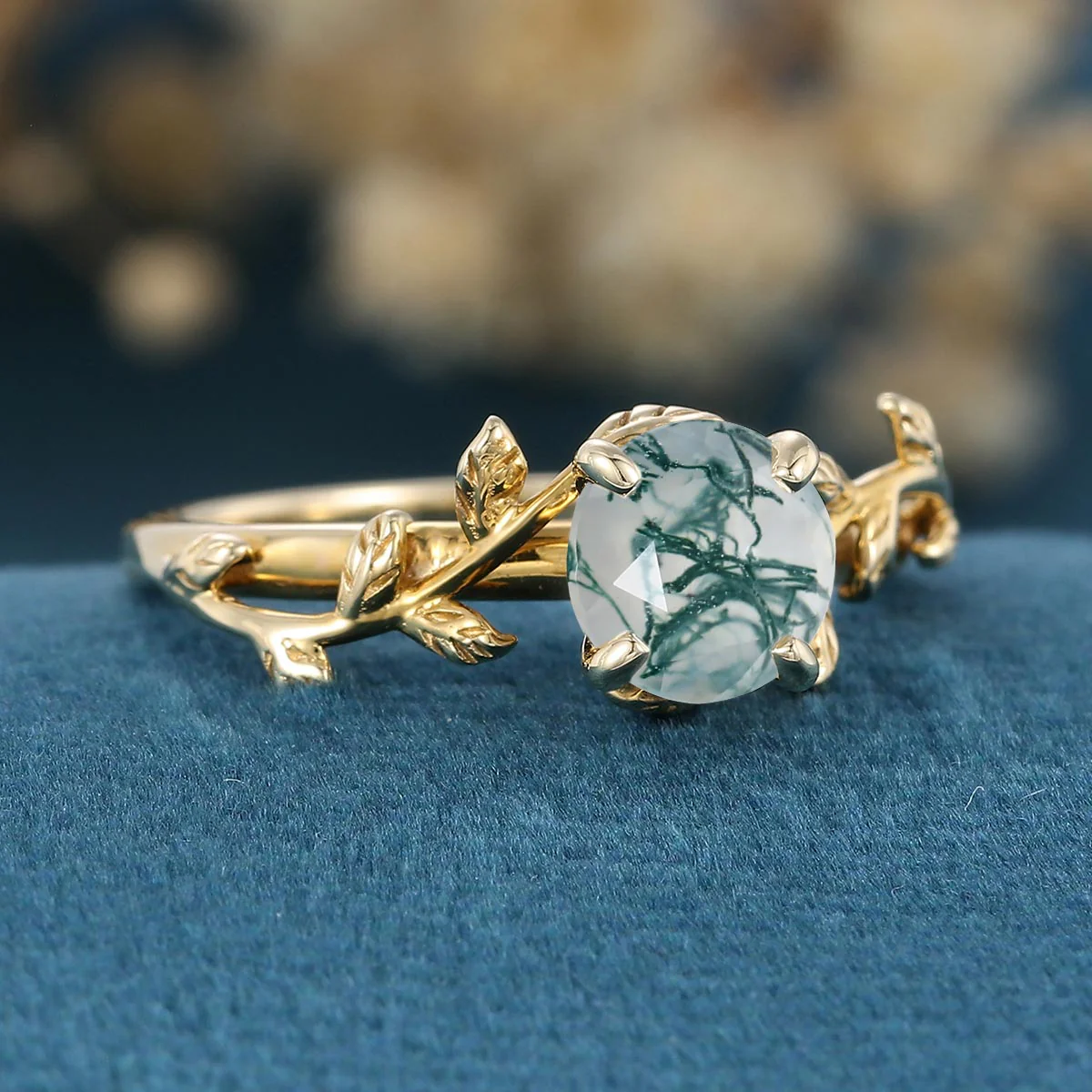 Nature Inspired Round cut Moss Agate Leaf Gold Engagement Ring - Image 5
