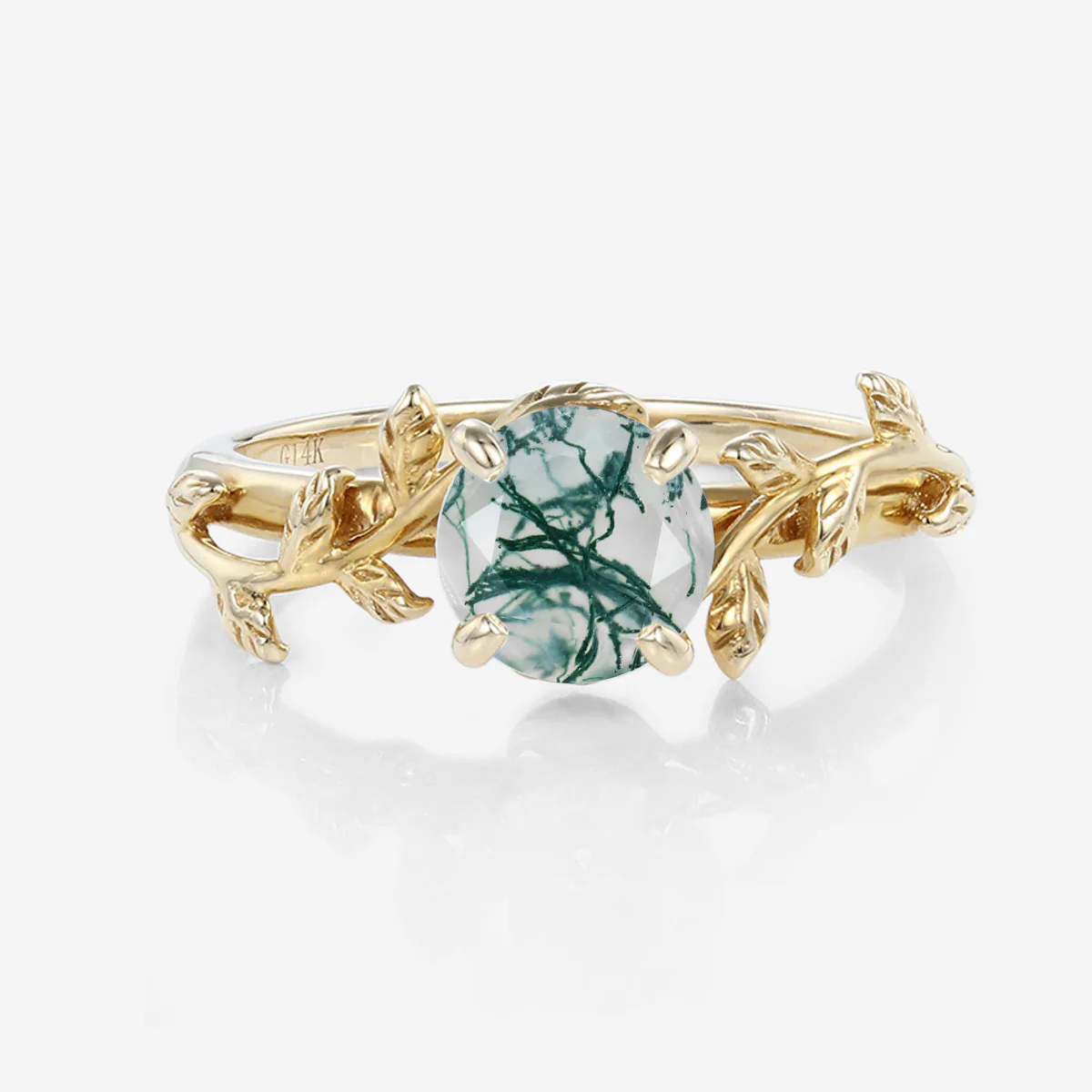 Nature Inspired Round cut Moss Agate Leaf Gold Engagement Ring - Image 7