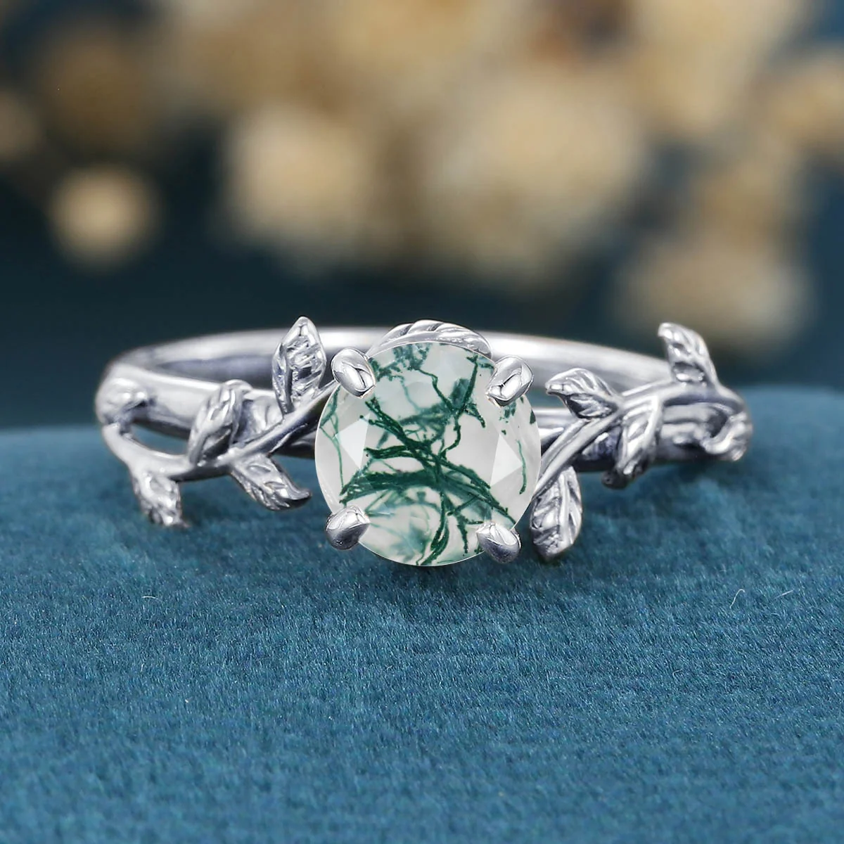Nature Inspired Round cut Moss Agate Leaf Gold Engagement Ring - Image 9