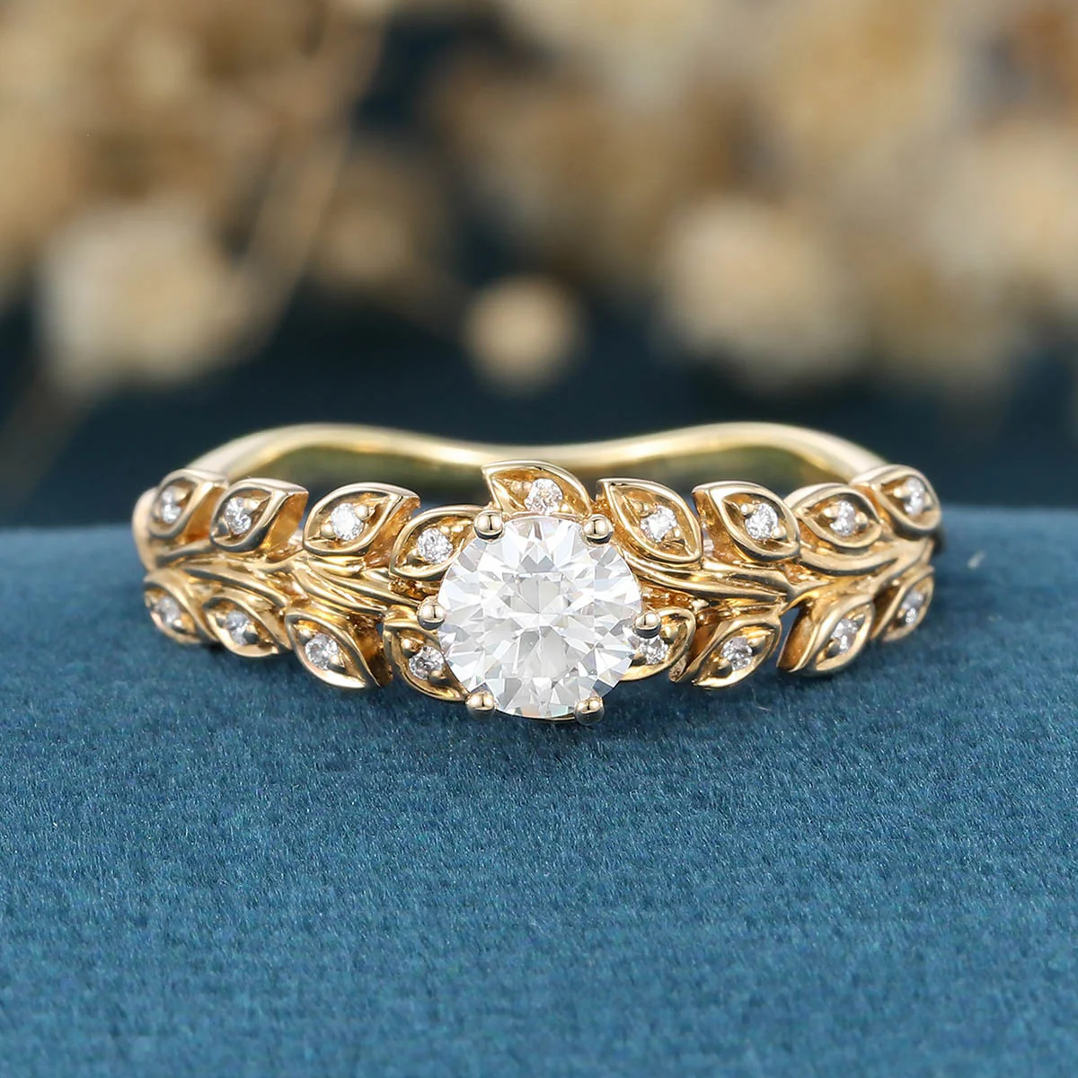 Nature Inspired Round cut Moissanite Leaf Gold Engagement Ring - Image 10