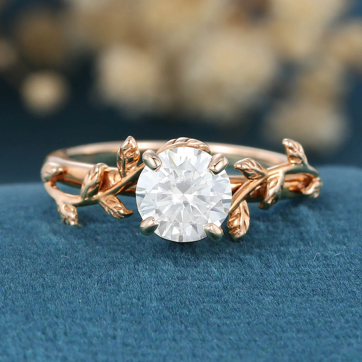 Nature Inspired Round cut Moissanite Leaf Gold Engagement Ring - Image 10