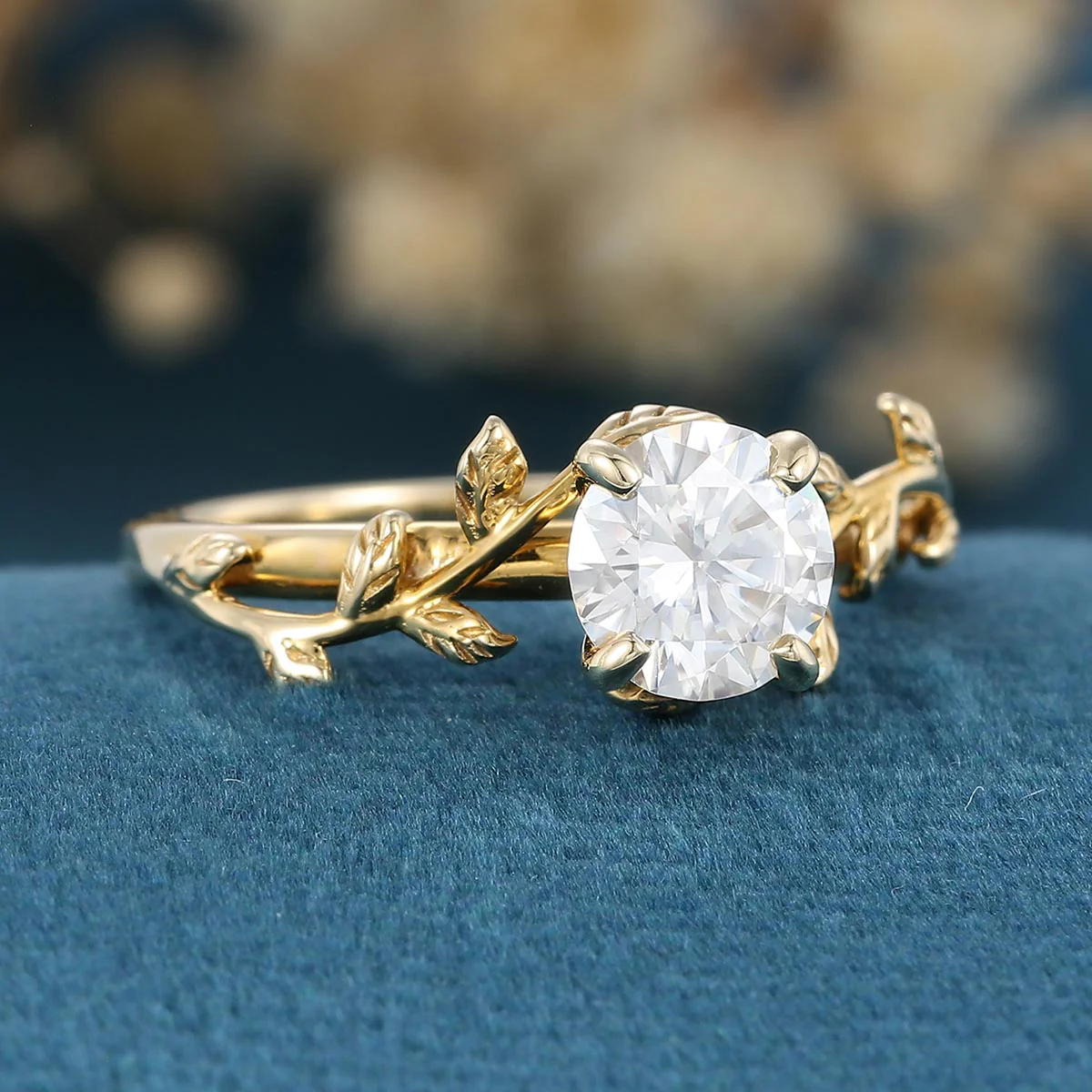 Nature Inspired Round cut Moissanite Leaf Gold Engagement Ring - Image 4