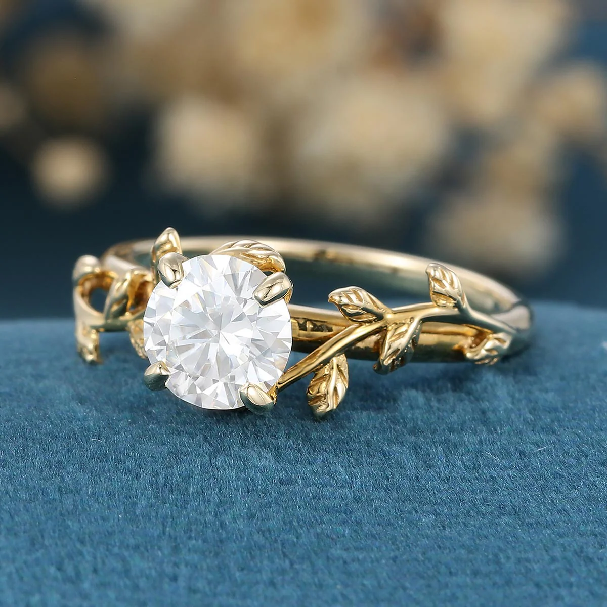 Nature Inspired Round cut Moissanite Leaf Gold Engagement Ring - Image 5