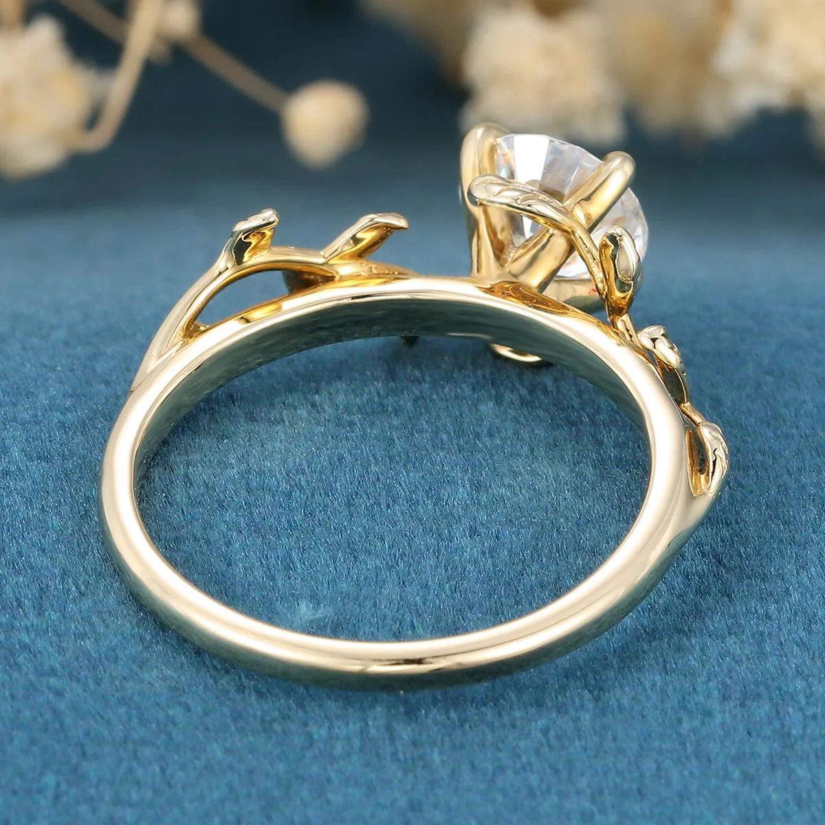 Nature Inspired Round cut Moissanite Leaf Gold Engagement Ring - Image 6