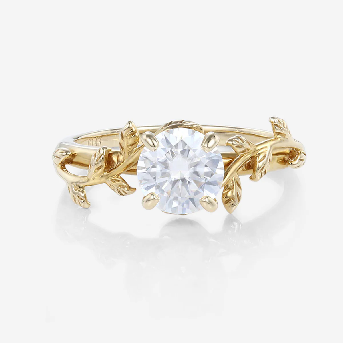Nature Inspired Round cut Moissanite Leaf Gold Engagement Ring - Image 7