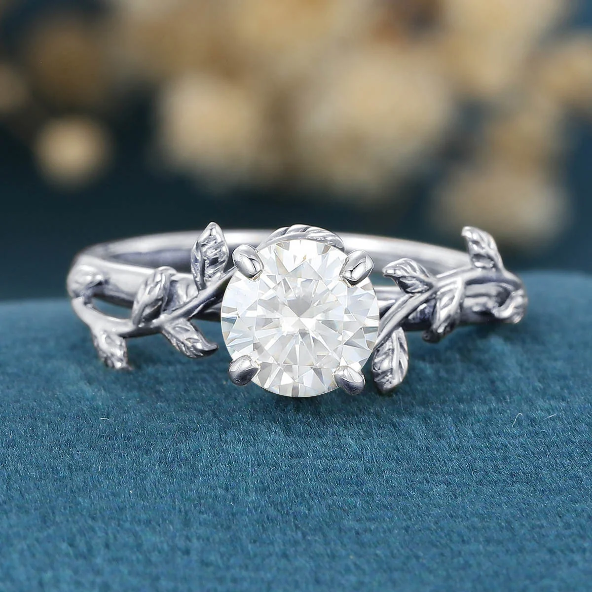 Nature Inspired Round cut Moissanite Leaf Gold Engagement Ring - Image 9