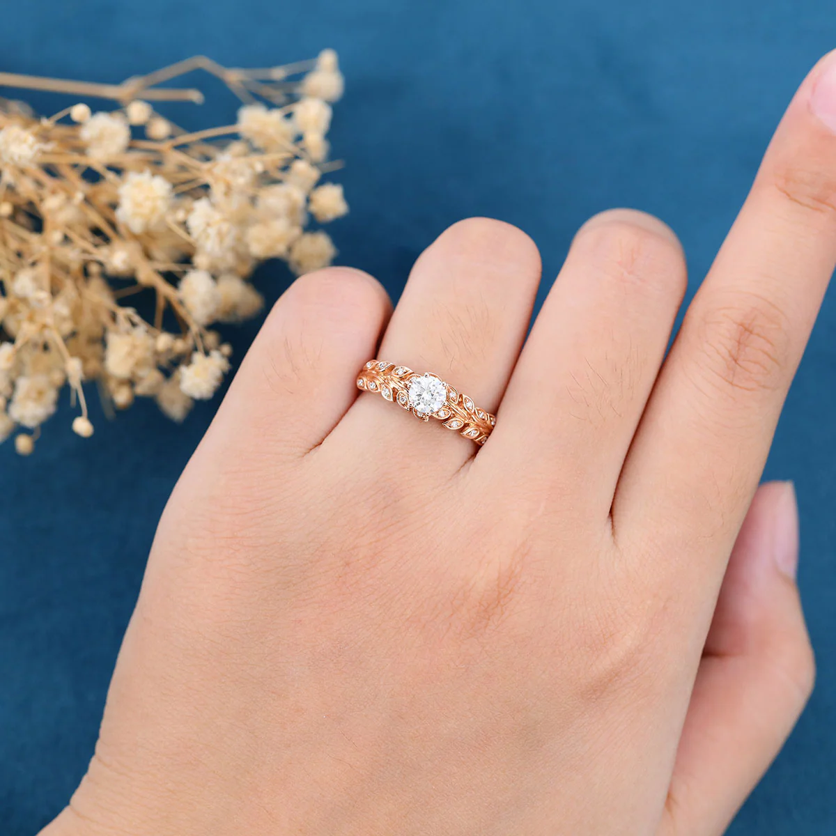 Nature Inspired Round cut Moissanite Leaf Gold Engagement Ring - Image 2