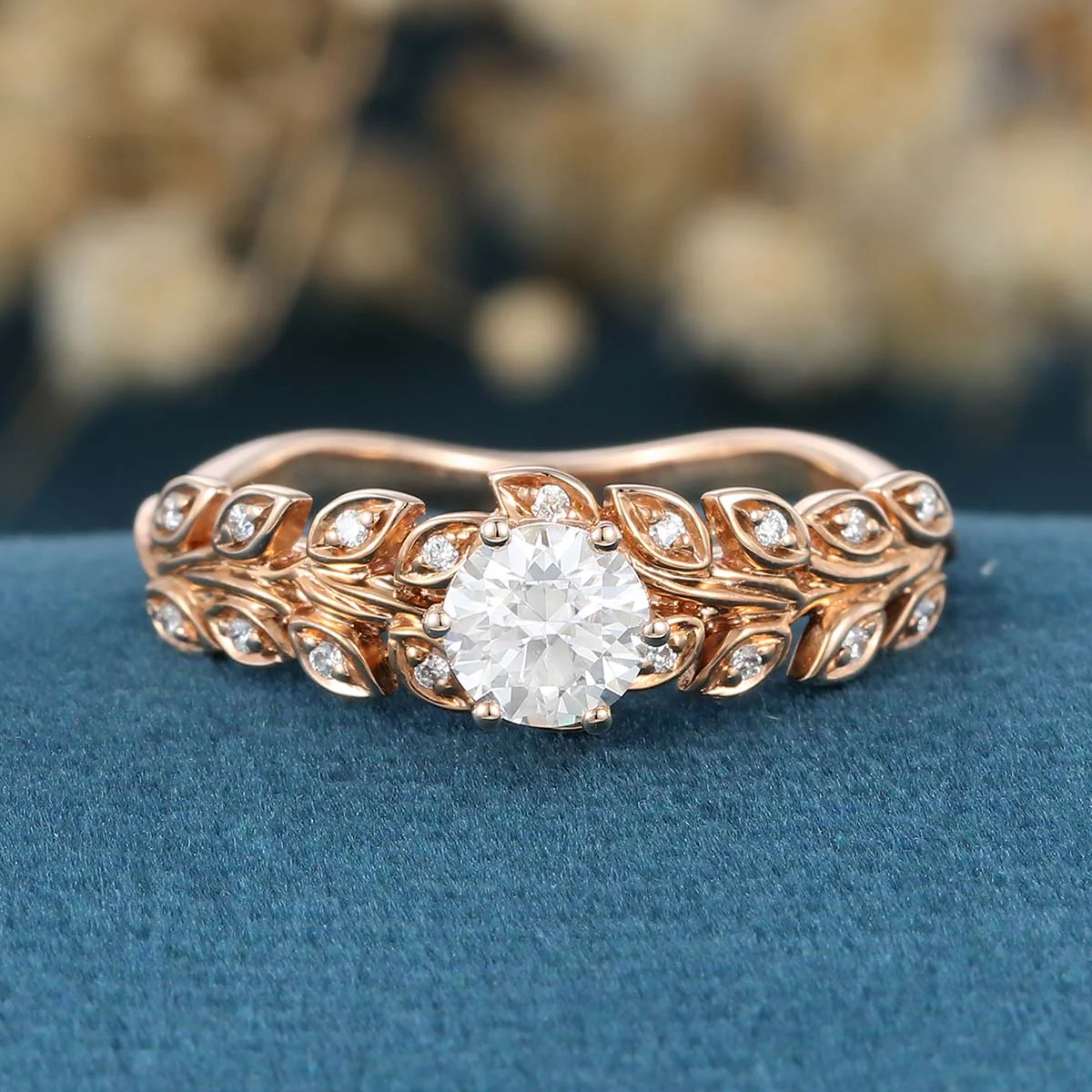 Nature Inspired Round cut Moissanite Leaf Gold Engagement Ring - Image 3