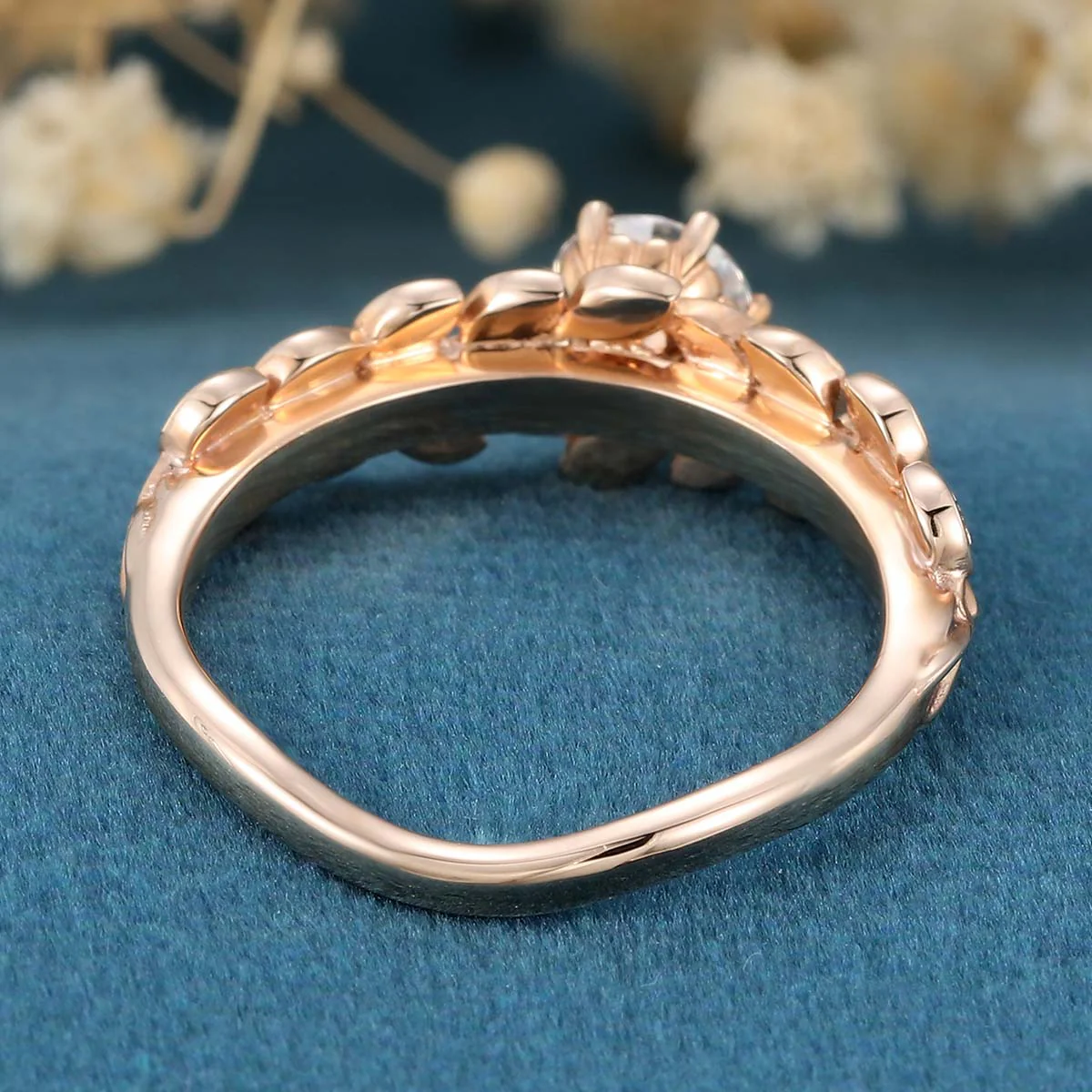 Nature Inspired Round cut Moissanite Leaf Gold Engagement Ring - Image 4