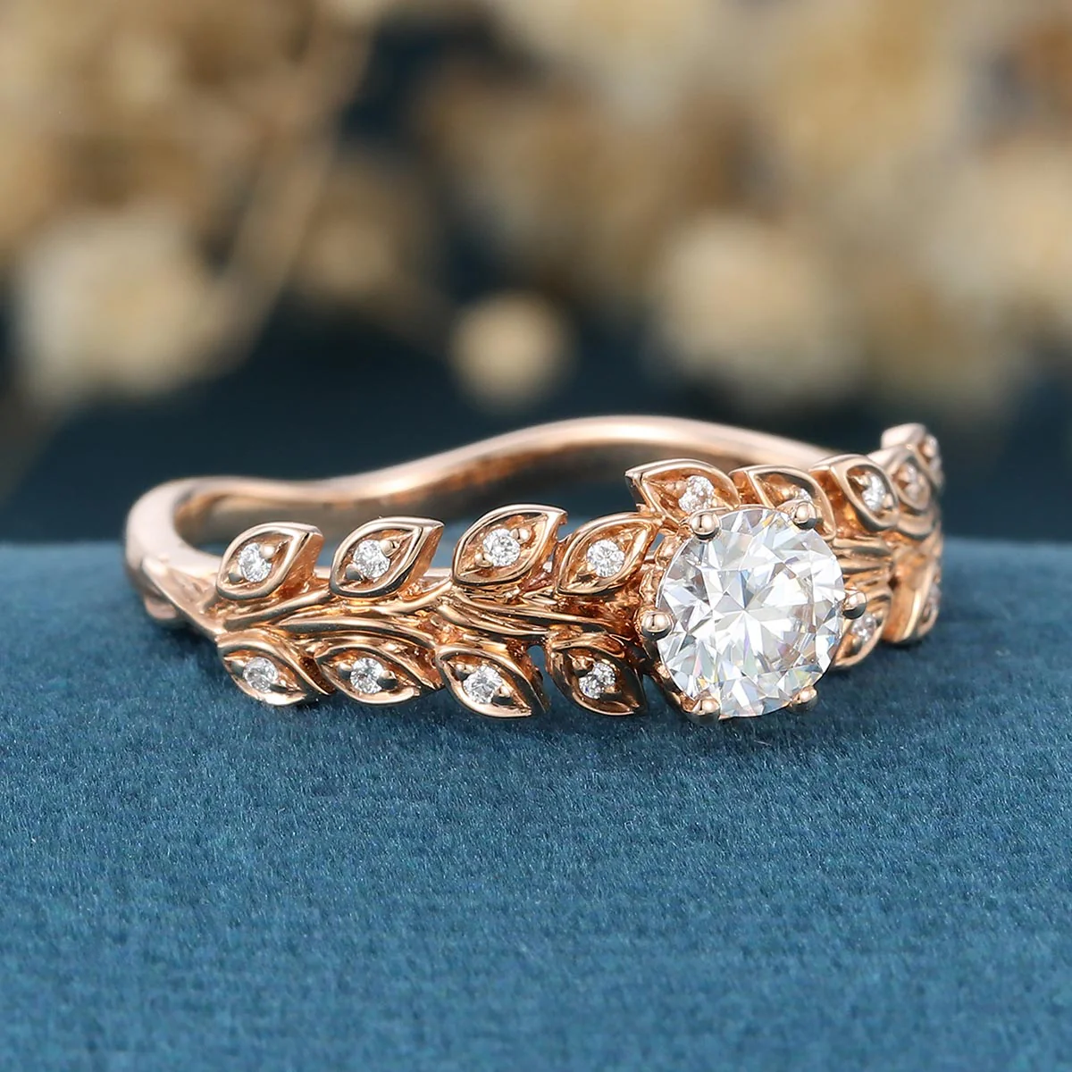 Nature Inspired Round cut Moissanite Leaf Gold Engagement Ring - Image 5